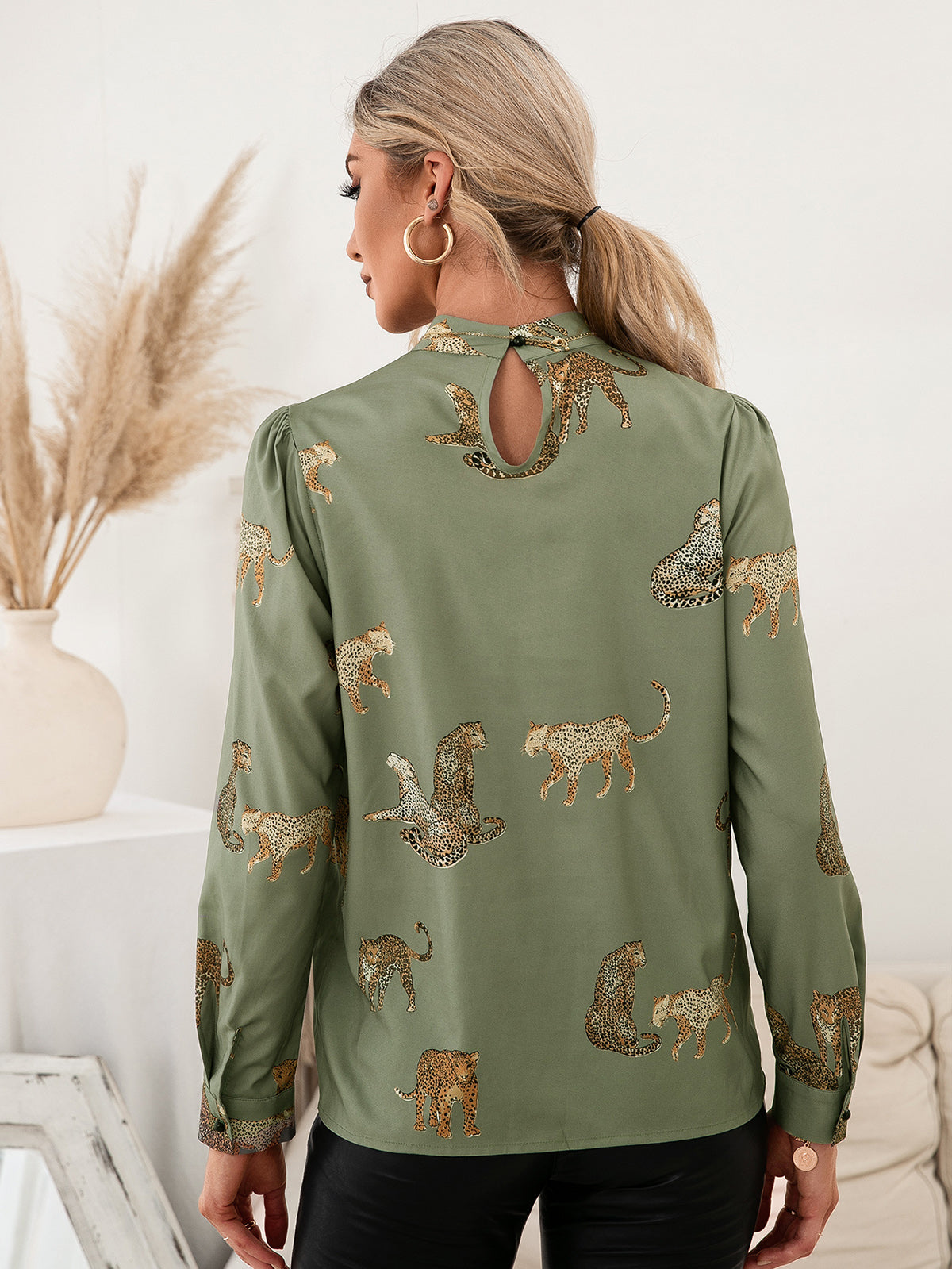 Call of the Wild Leopard Graphic Mock Neck Puff Sleeve Blouse
