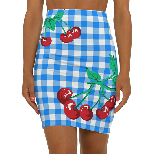 Paris 90's Vintage Stretch Mini Skirt in Blue Gingham Cherry Print | Pinup Couture