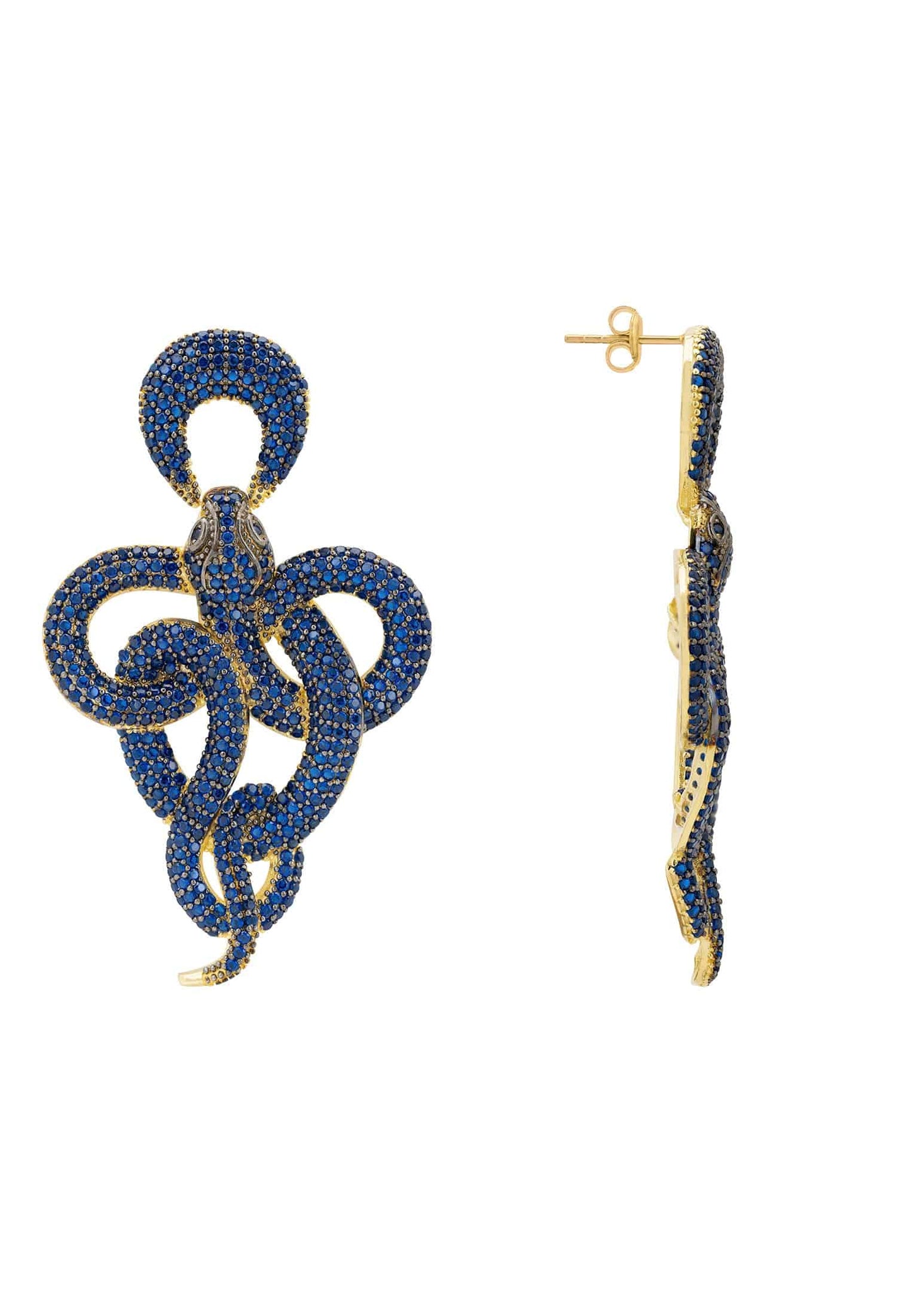 Blue Zircon Viper Snake Yellow Gold Dipped Earrings | Latelita