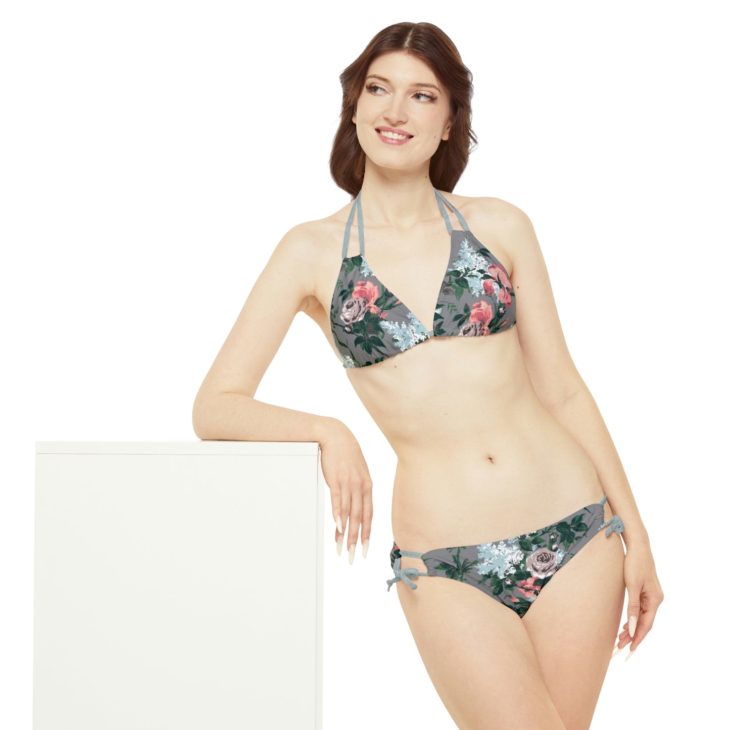 Antoinette Grey Bella Roses Strappy Bikini Set  | Pinup Couture Swim
