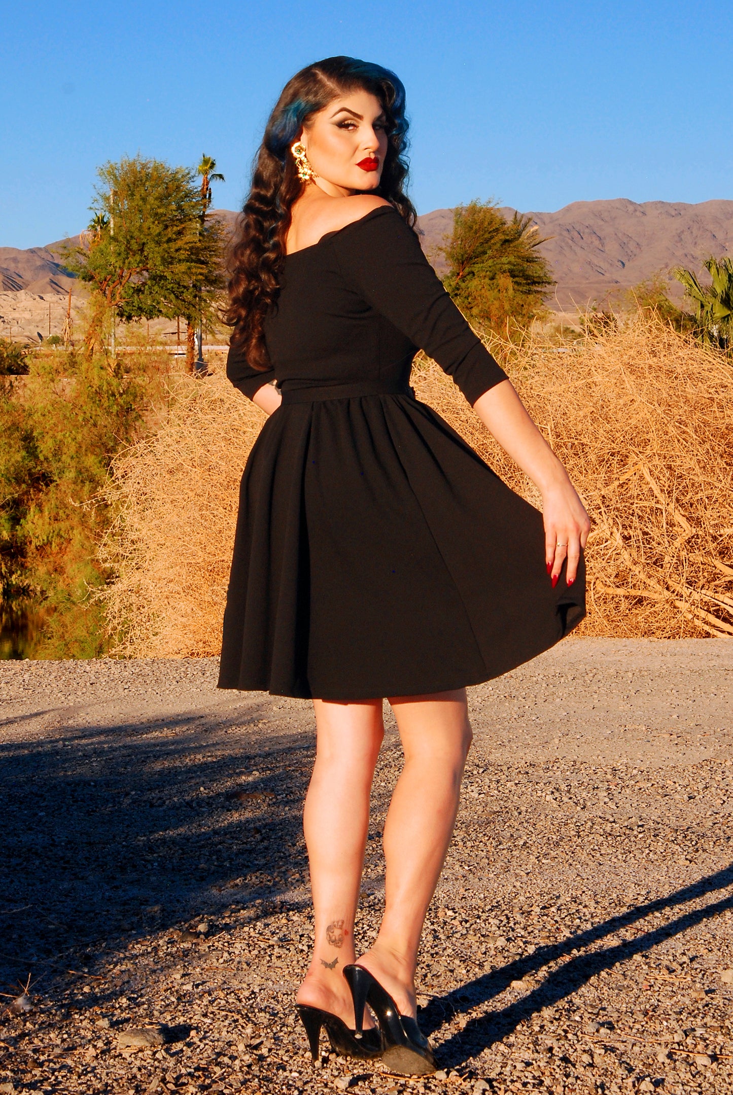 Kayla Swing Dress in Black Scuba Crepe | Deadly Dames