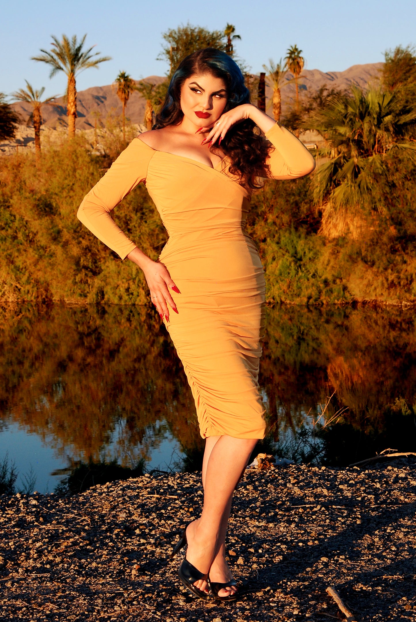 Laura Byrnes California Monica Wiggle Dress in Mustard
