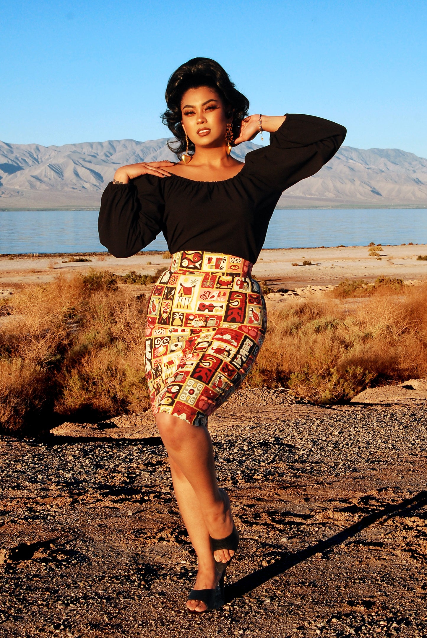 Final Sale - Vintage High Waist Pencil Skirt in Brown Tiki Sateen | Laura Byrnes Design