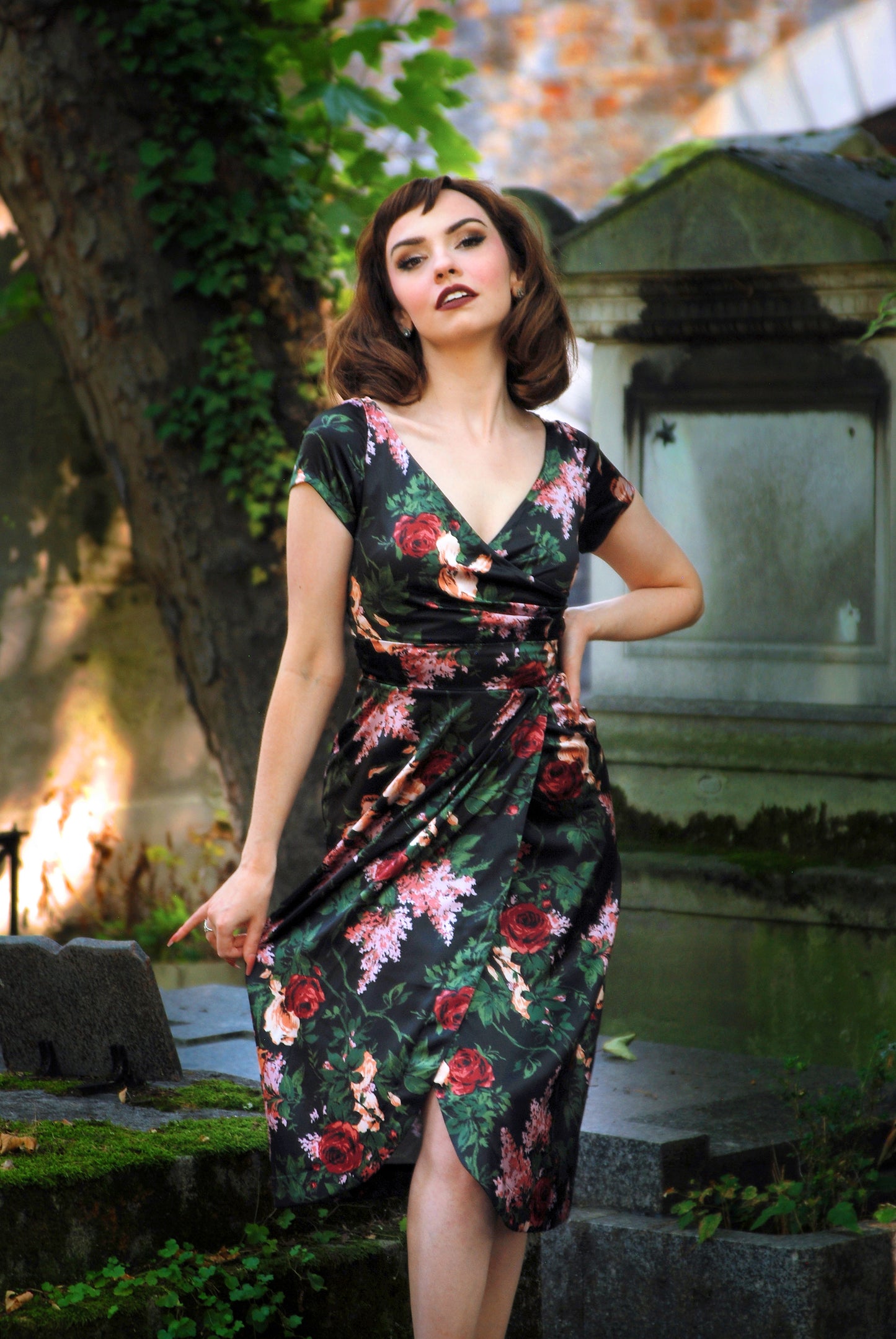 Ava Faux Wrap Wiggle Dress in Dark Bella Roses Satin | Pinup Couture