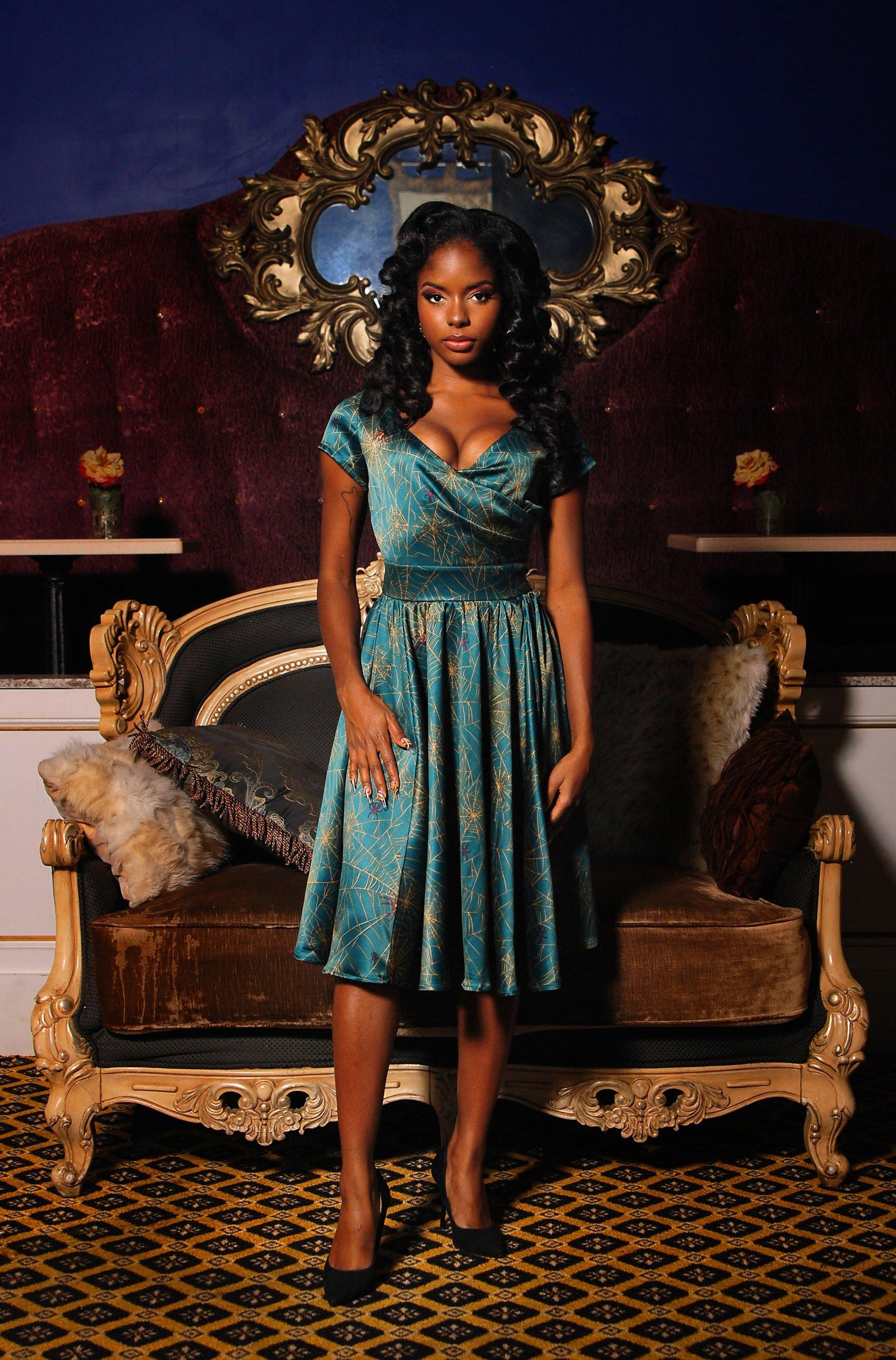 Ava Vintage Style Swing Cocktail Dress in Teal & Gold Spiderweb Satin | Laura Byrnes - pinupgirlclothing.com