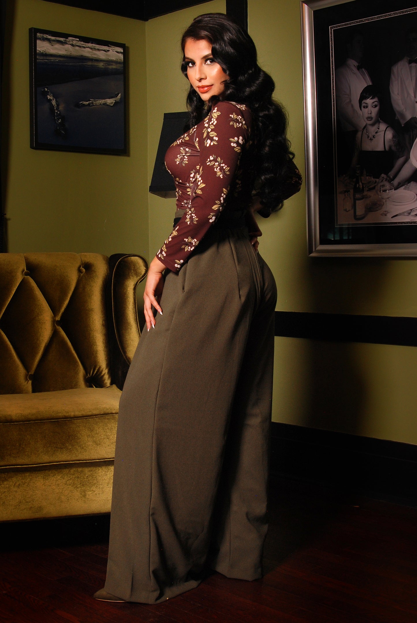 Coming Soon - Dietrich Vintage Wide Leg Palazzo Pants in Olive Crepe 32" Inseam | Laura Byrnes Design