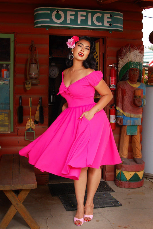 Final Sale - Natalie Dress in Fuchsia Pink Crepe | Pinup Couture