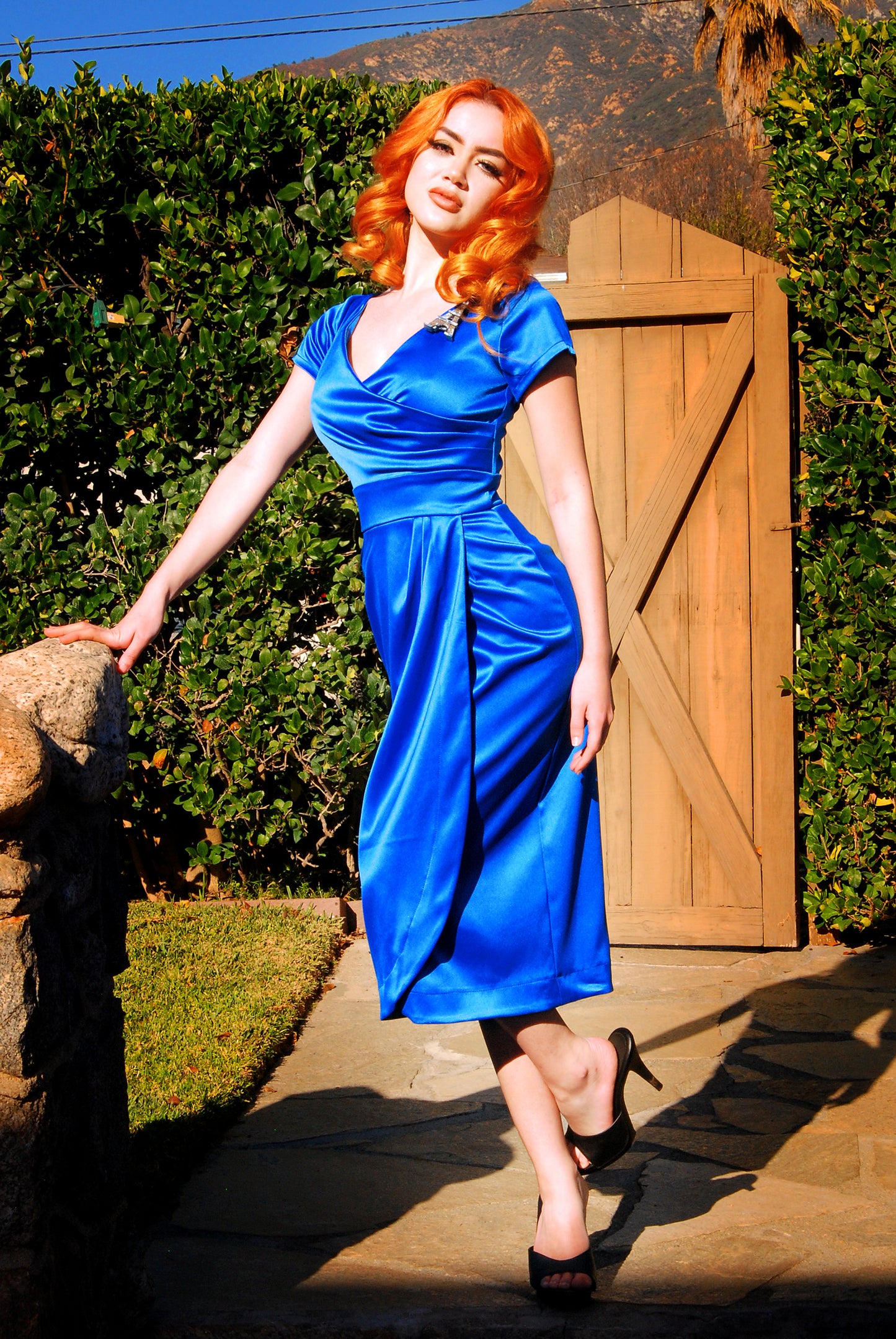 Ava Faux Wrap Wiggle Dress in Royal Blue Satin | Pinup Couture