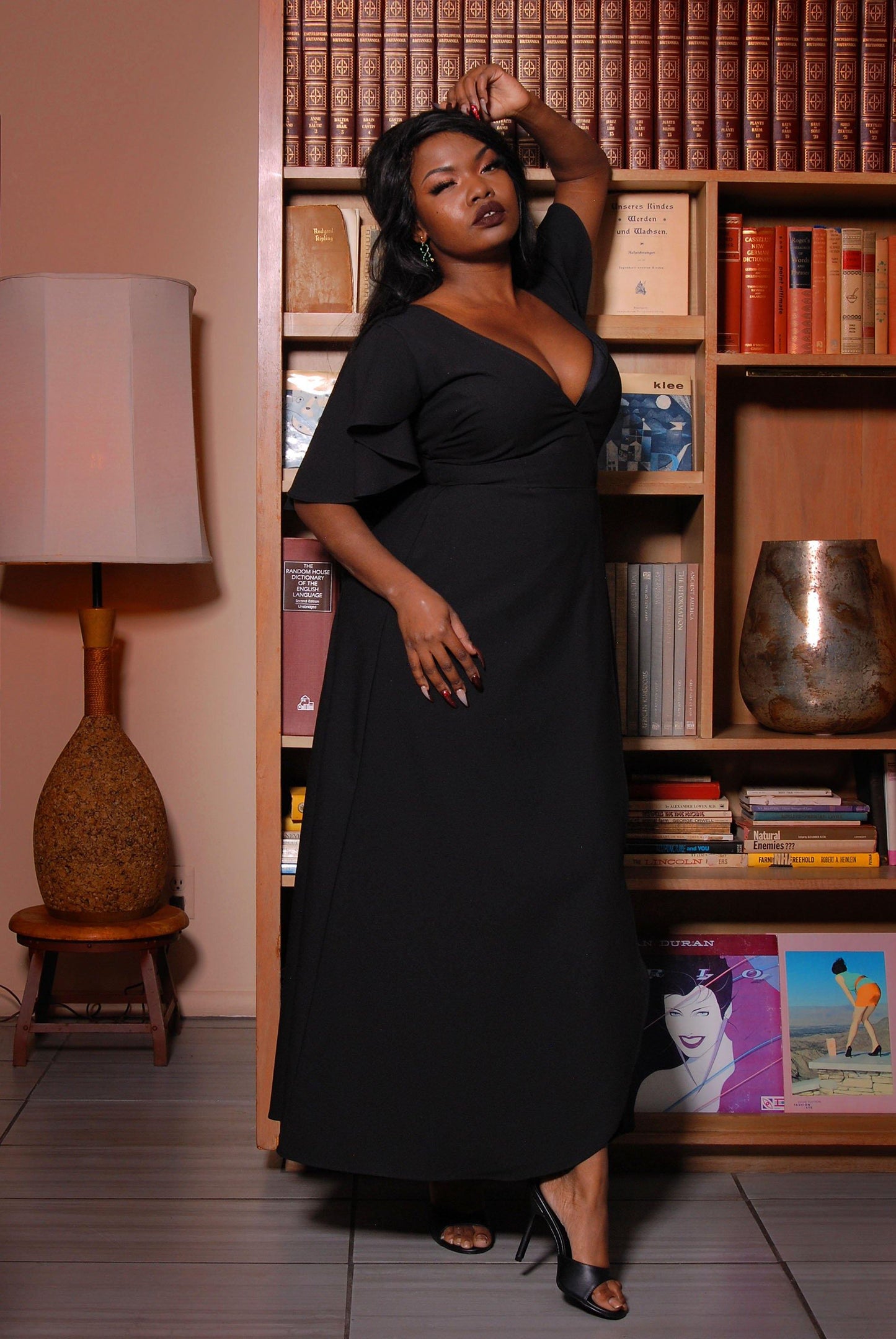 Ashley 70s Faux Wrap Maxi Dress with Cape Sleeves in Black Poly Crepe | Laura Byrnes - pinupgirlclothing.com