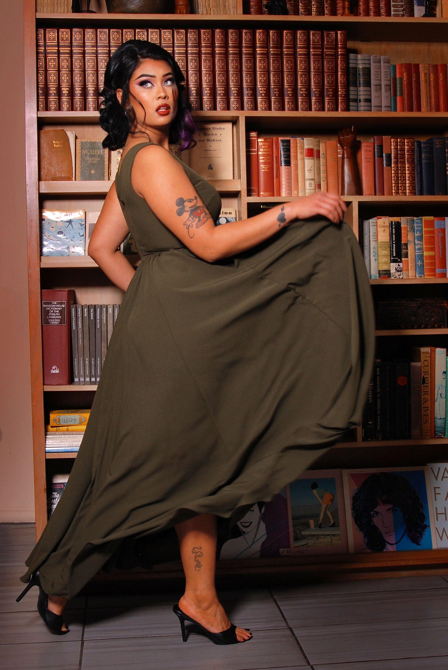 Tara Maxi Dress in Olive Crepe - pinupgirlclothing.com