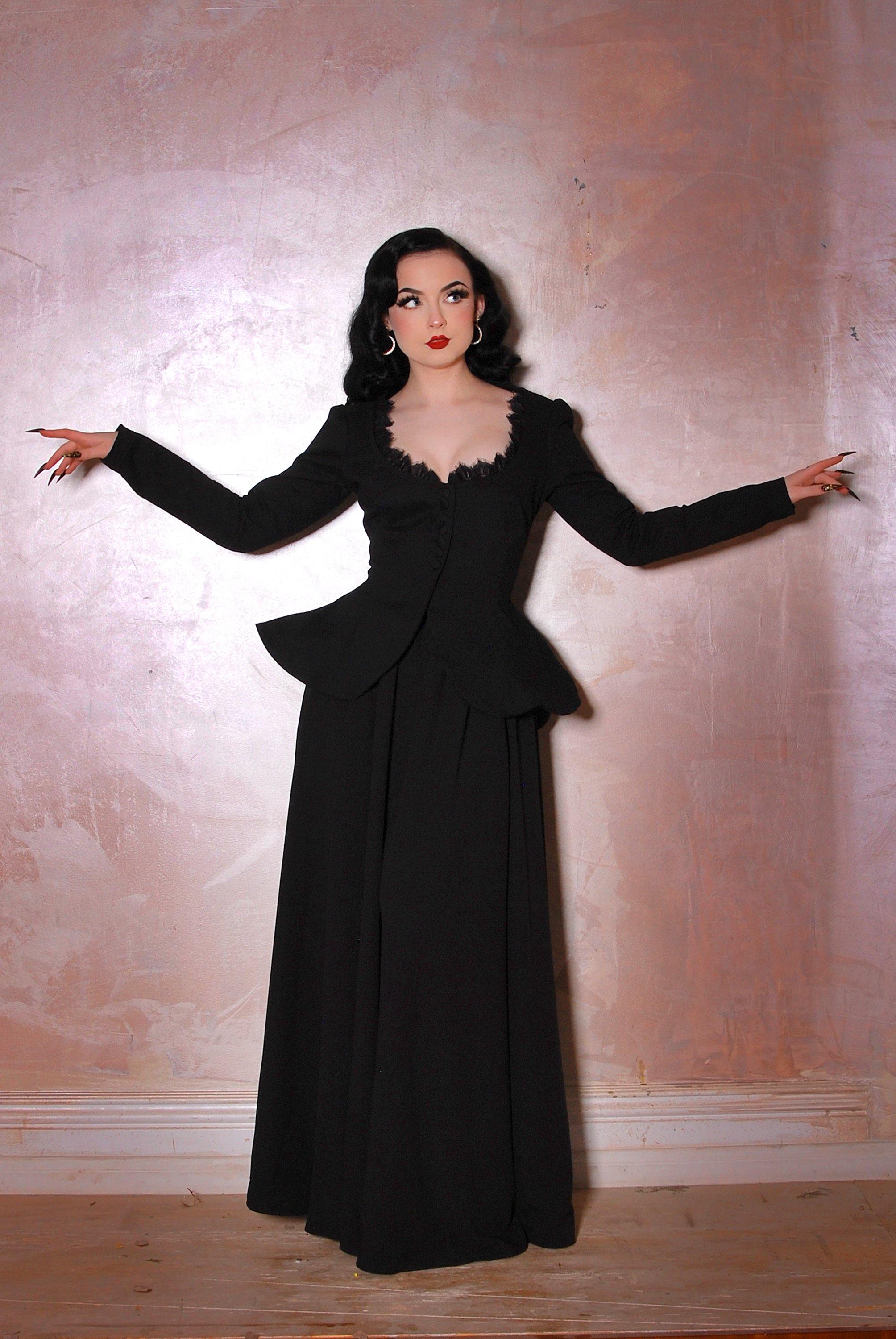 Mariette Fitted Peplum Jacket in Black Stretch Laura Byrnes – pinupgirlclothing.com