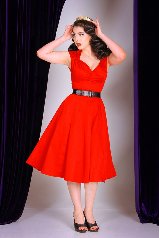 OYS - XS - S - M - Final Sale - Vintage Inspired Heidi Dress in Solid Red Cotton Sateen | Pinup Couture