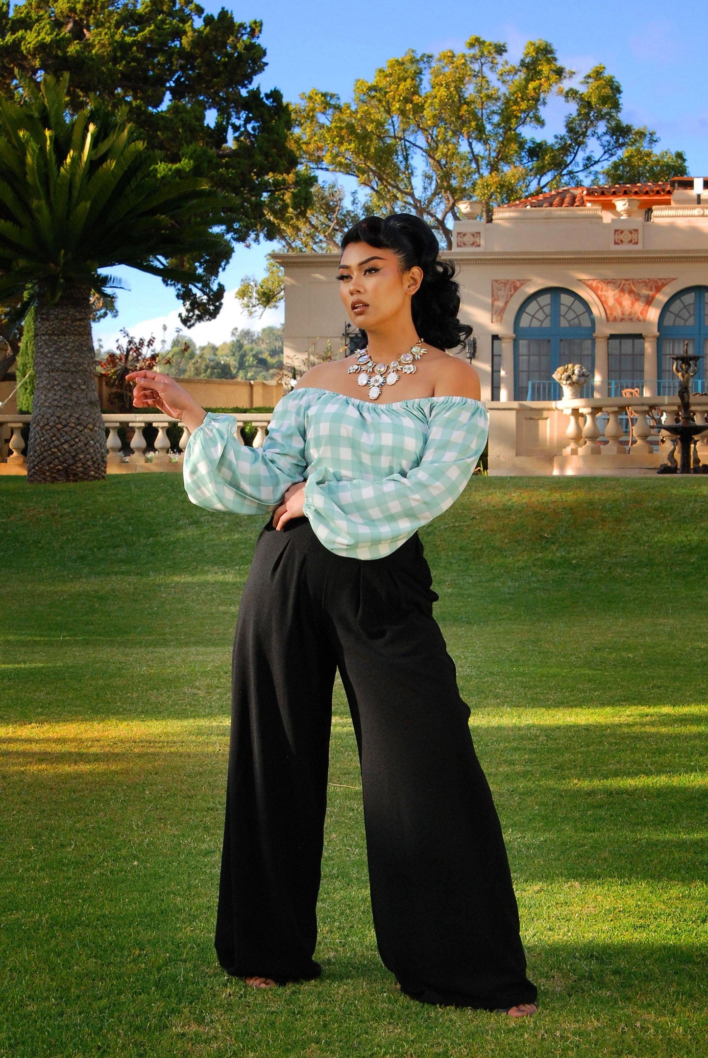 Sylvie Long Sleeve Peasant Top in Sage Gingham Print | Laura Byrnes & Hope Morrison - pinupgirlclothing.com