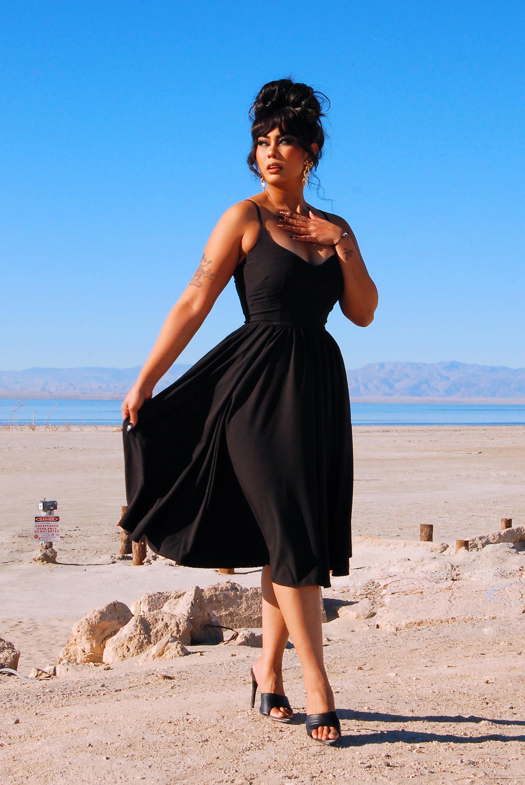 Amalie Ballerina Swing Dress in Solid Black Crepe