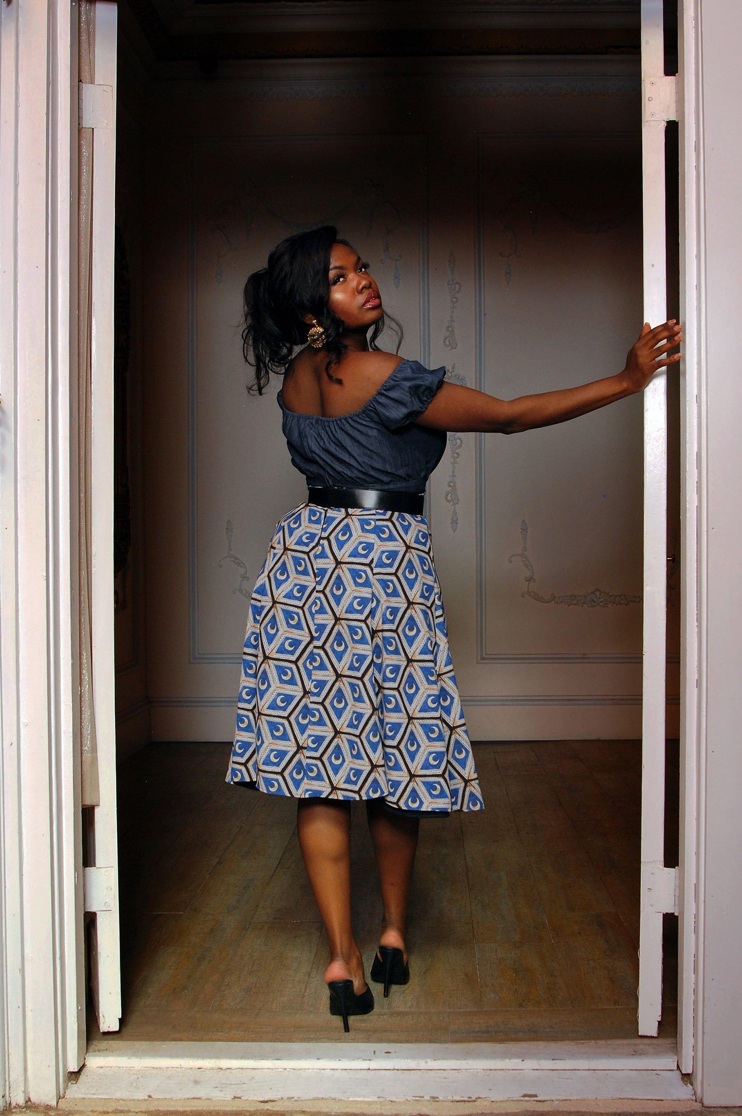 Sold Out - Viva 40s Tulip Skirt in Moon Tiles Print | Laura Byrnes & Hope Morrison - pinupgirlclothing.com