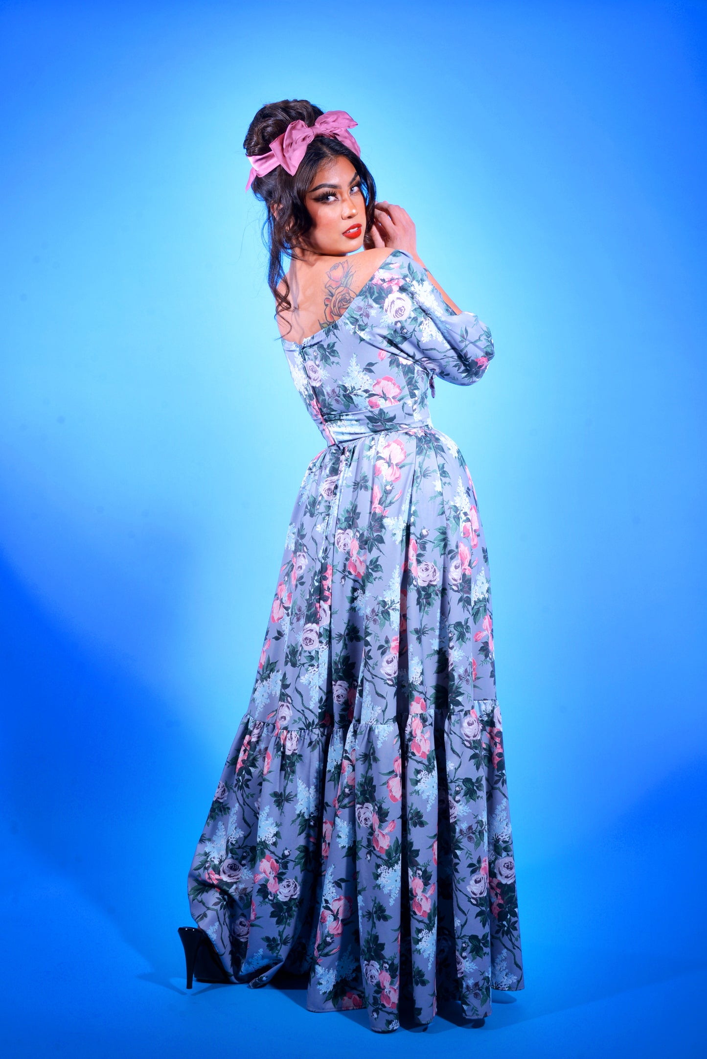 Final Sale - Molly 70s Floral Vintage Maxi Gown in J'adore Paris Bella Roses Print | Pinup Couture