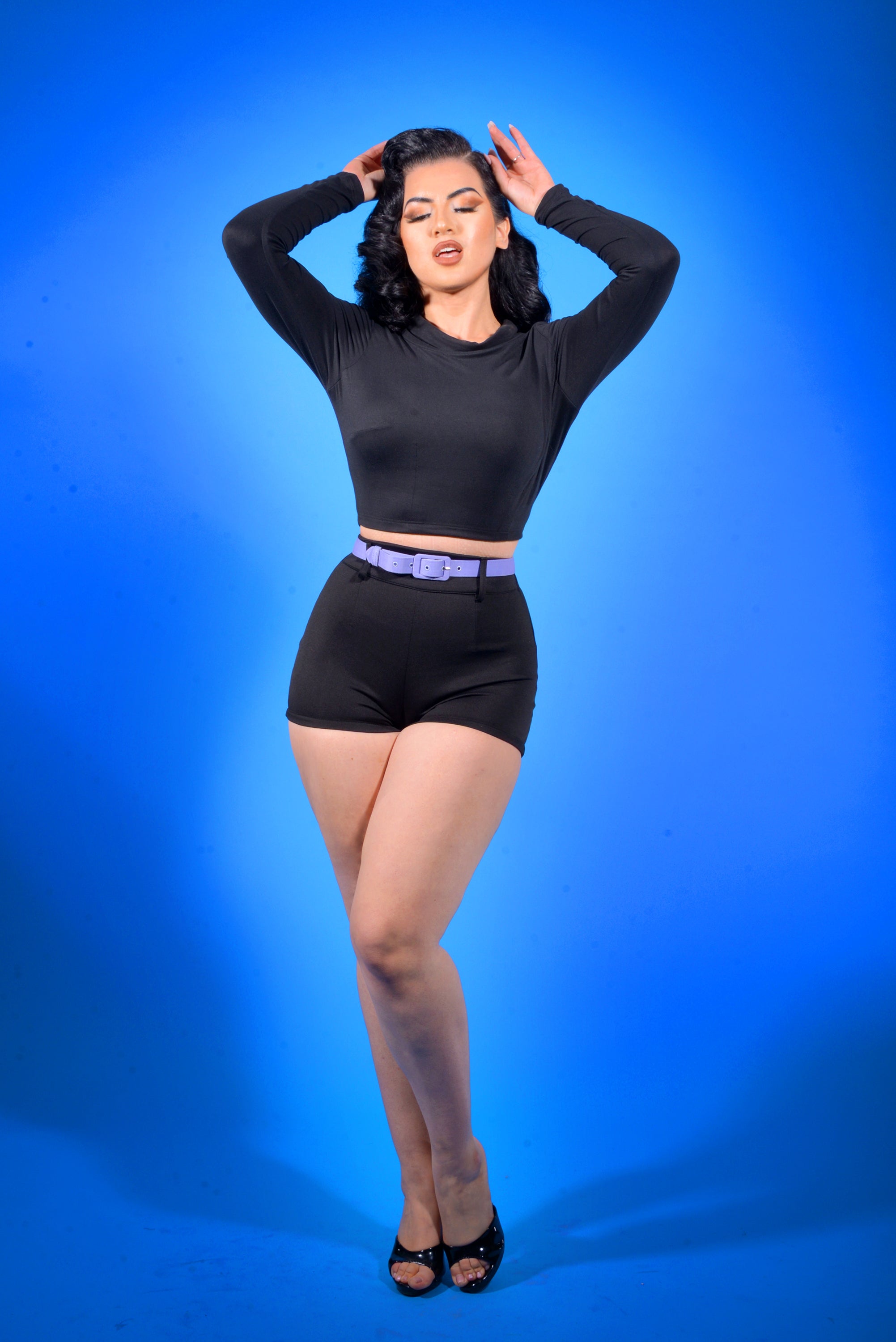 60's Bad Girl High Waist Belted Hot Pants in Solid Black | Traci Lords for Couture Body pinupgirlclothing.com