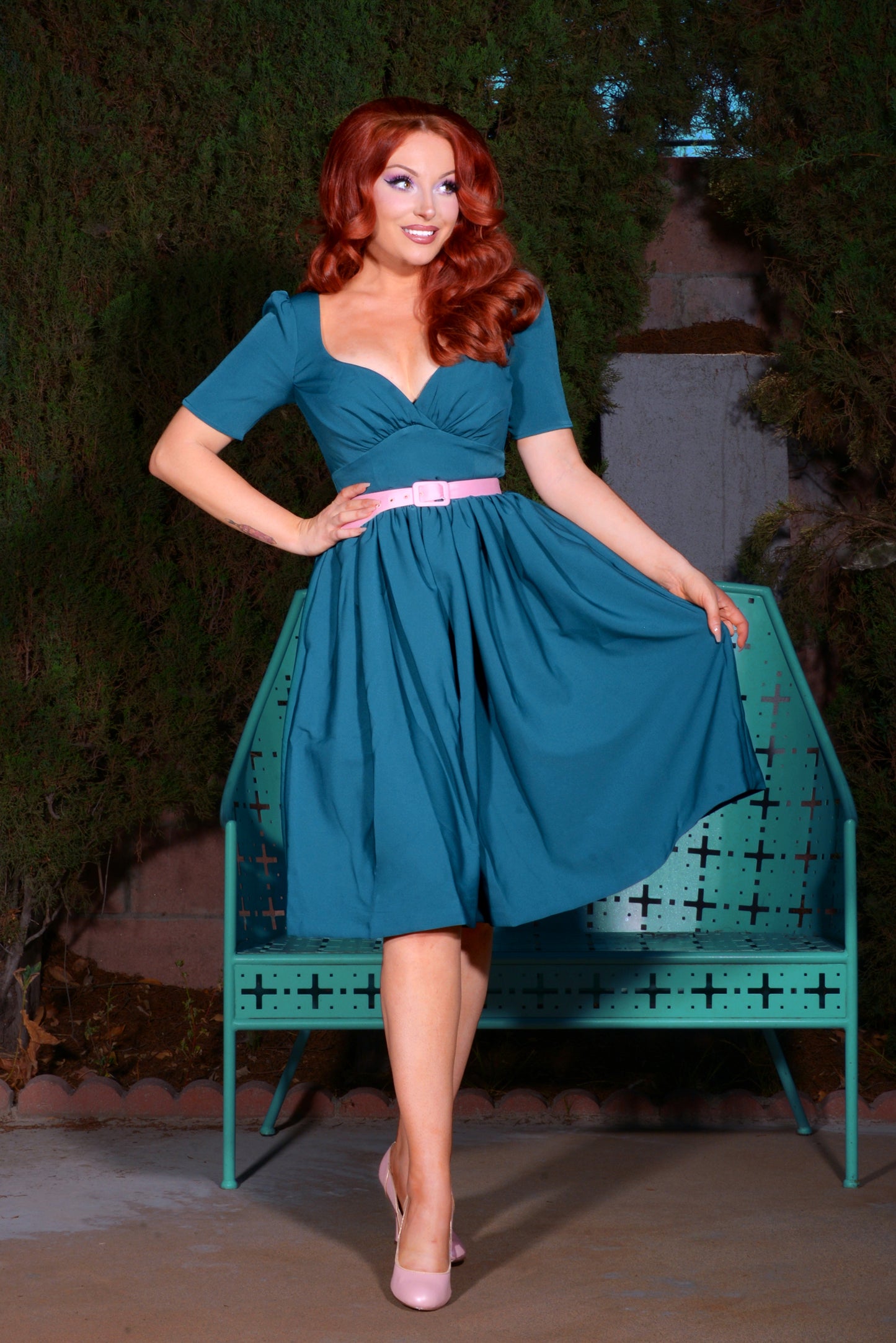 Paige Swing Dress in Hunter Green Stretch Crepe | Pinup Couture