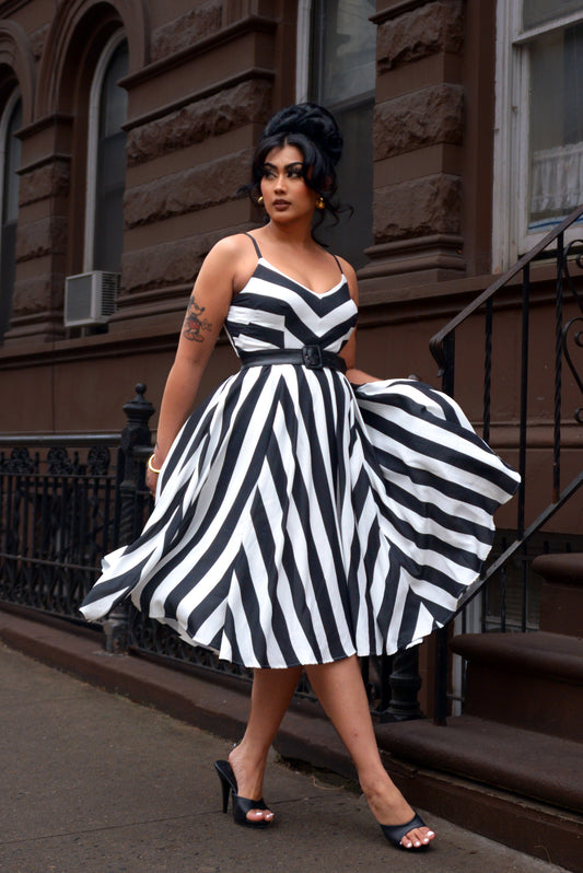 Coming Soon - Amalie Ballerina 70's Style Swing Dress in Black & White Mark Stripe Crepe | Pinup Couture