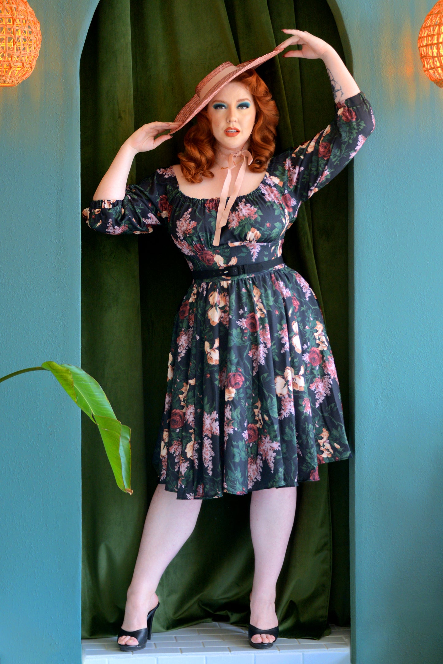 Marie-Therese peasant dress in the Dark Bella Roses print, roses on a near-black ground, off-shoulder bodice with long sleeves and a full skirt