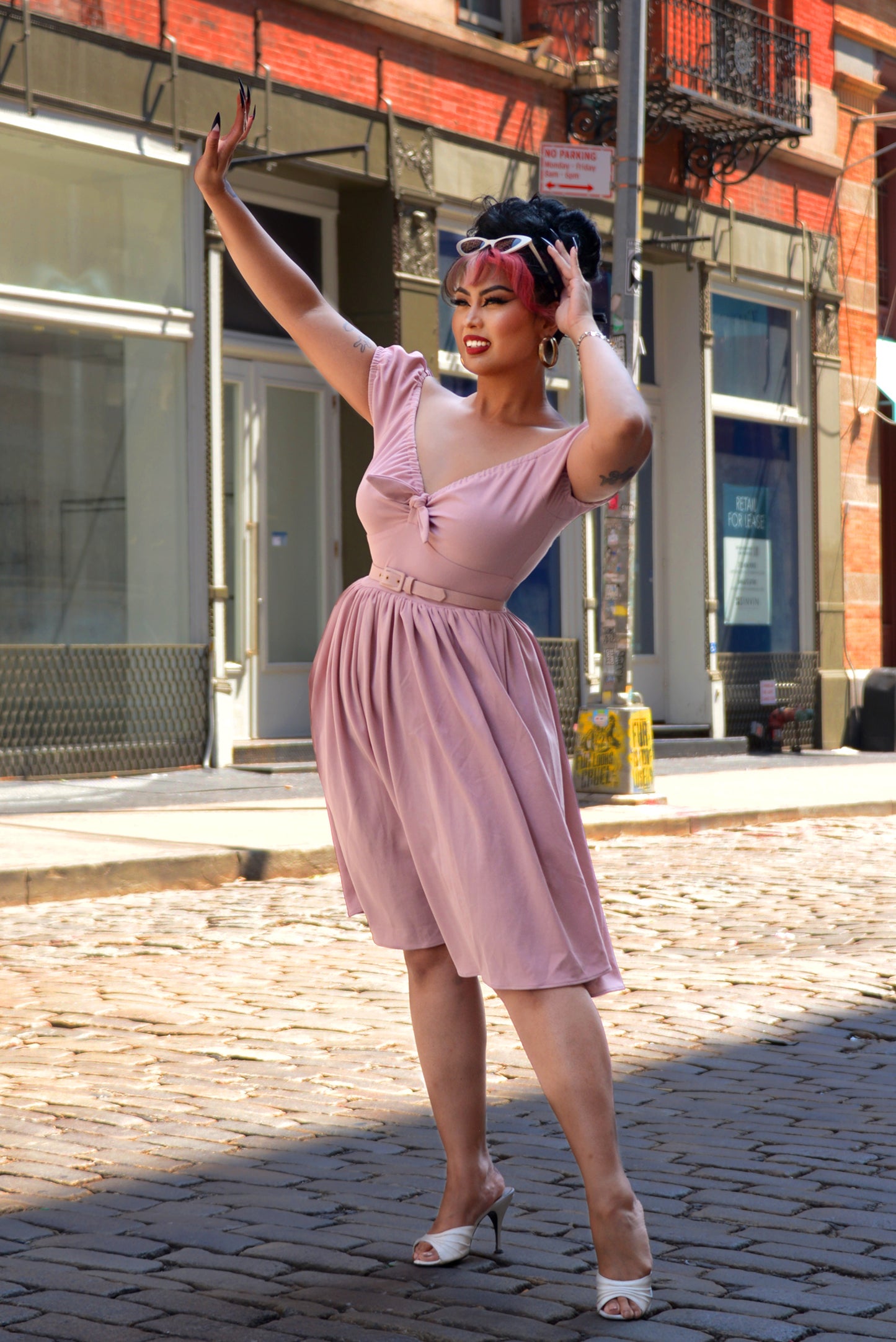 Natalie Gathered Swing Dress in Solid Mauve Stretch Crepe | Pinup Couture