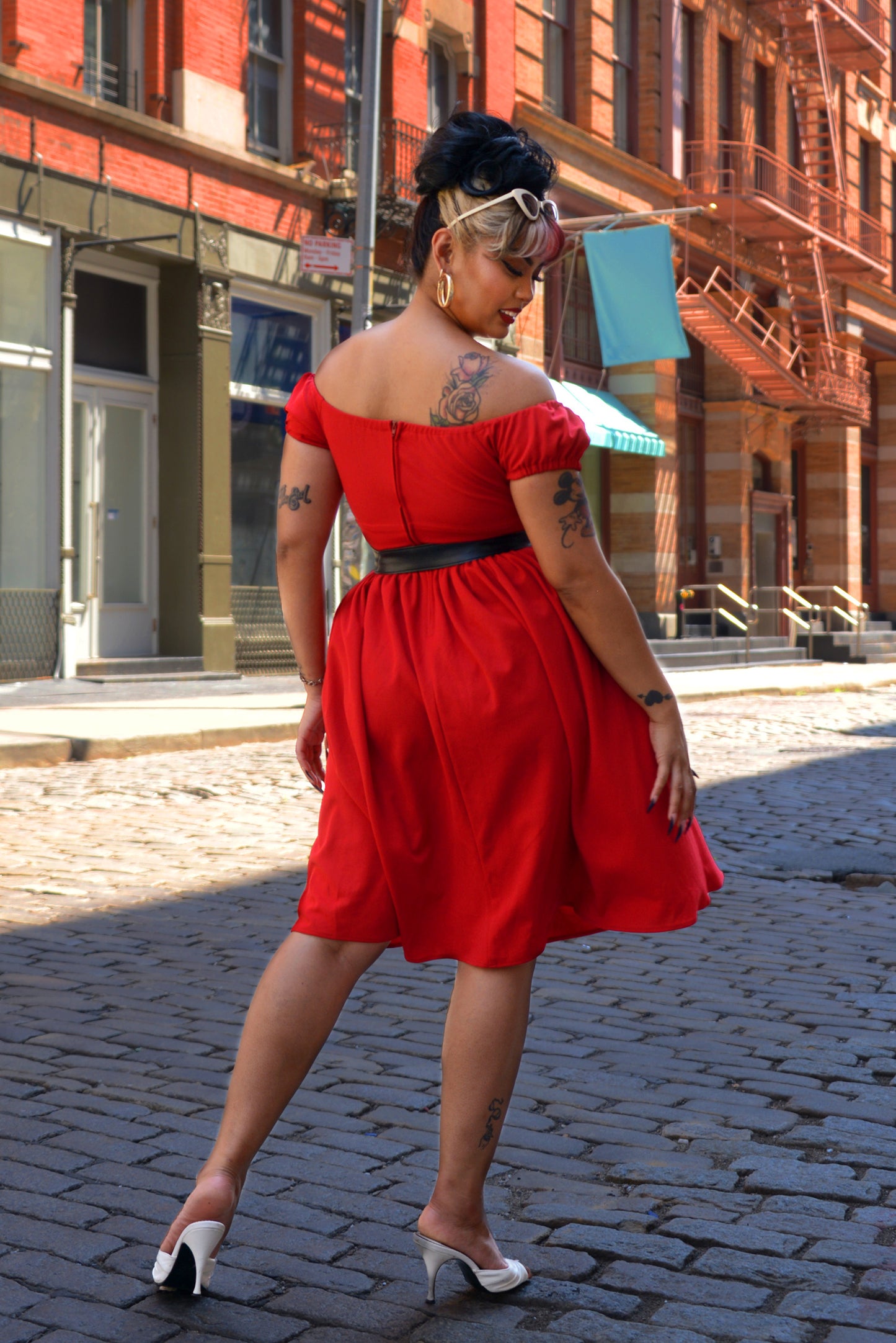 Natalie Peasant Swing Dress in Solid Red Stretch Crepe | Pinup Couture