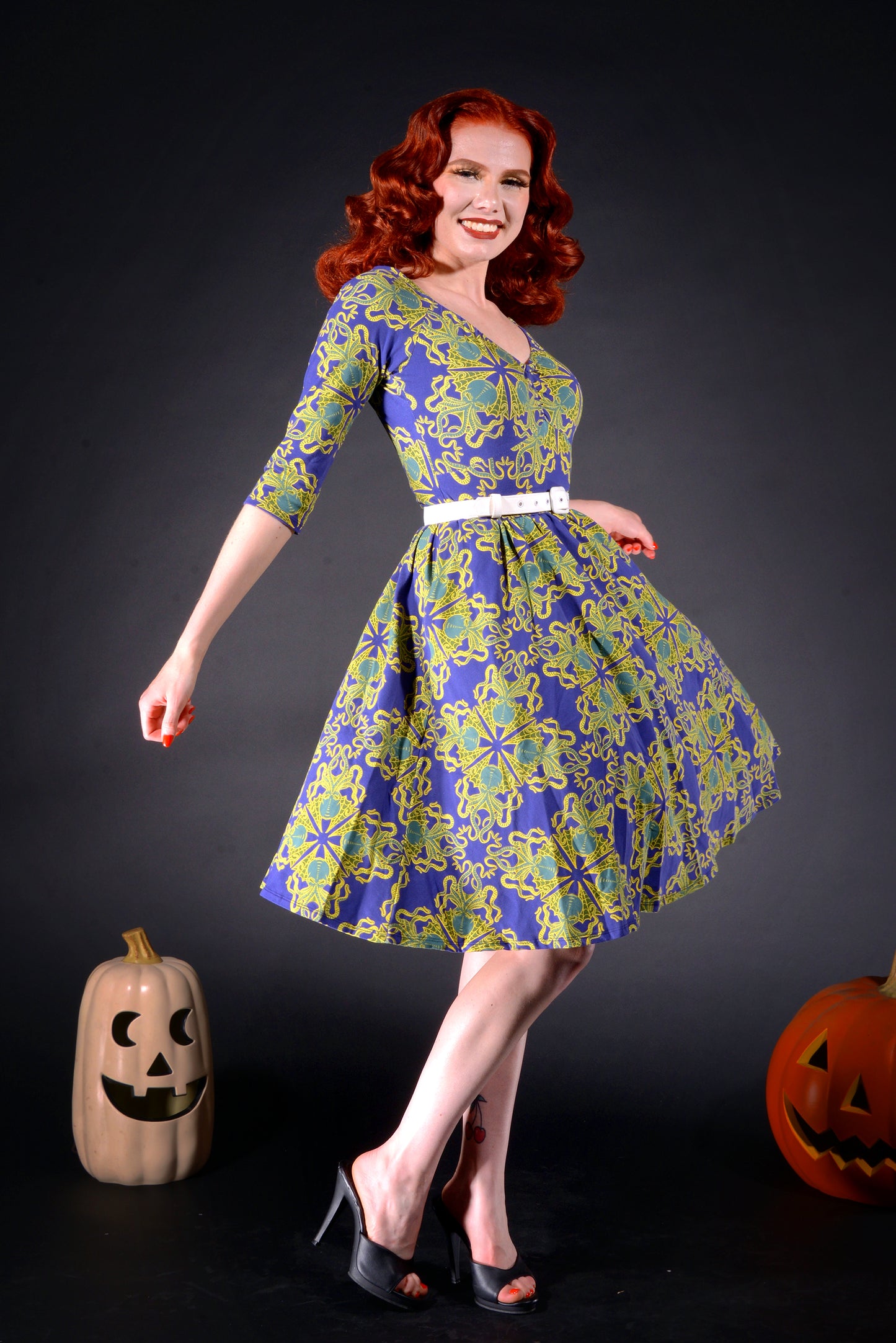 Kayla Swing Dress in Daddy Cthulhu Stretch Knit | Laura Byrnes & Hope Johnstun
