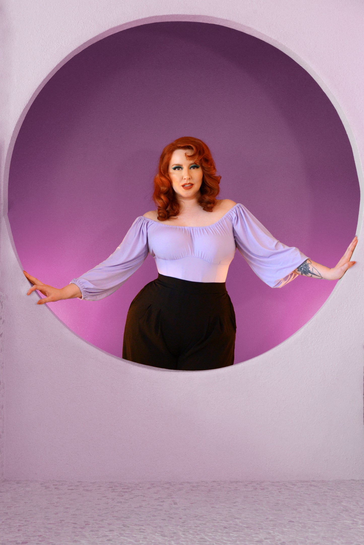 Final Sale - Swann Long Sleeve Peasant Top in Solid Lavender Stretch Jersey | Pinup Couture