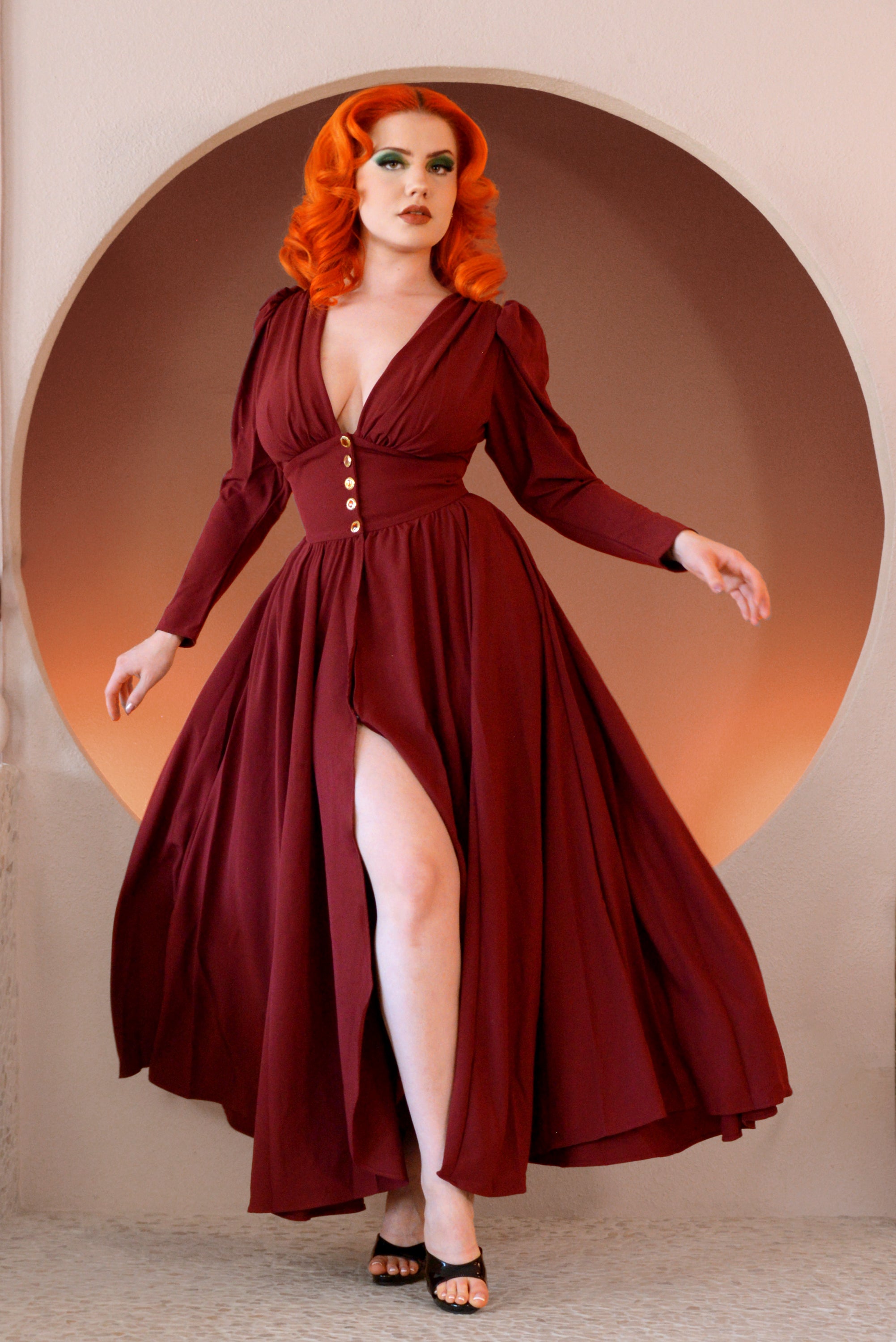 Final Sale - Clarice 40s Vintage Maxi Coat Dress in Solid Cabernet Stretch Crepe | Laura Byrnes – pinupgirlclothing.com
