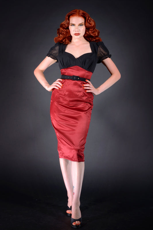 Feronia Vintage Wiggle Dress in Wine Satin with Black Chiffon Trim | Pinup Couture