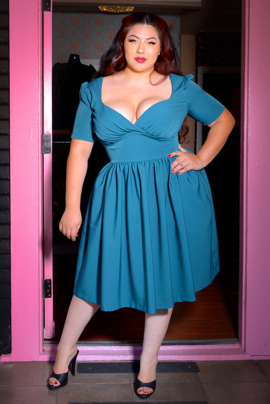 Paige Swing Dress in Hunter Green Stretch Crepe | Pinup Couture