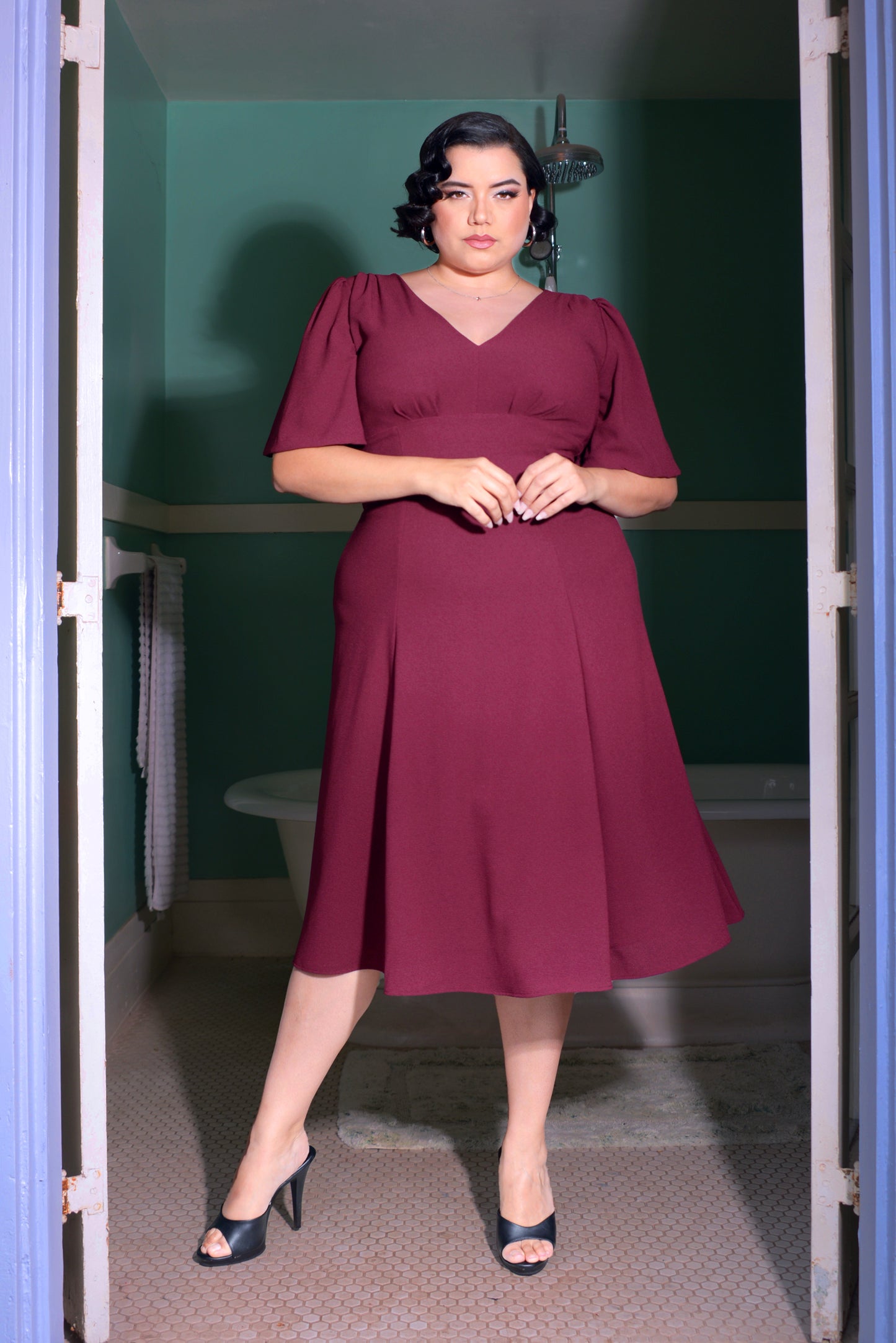 Viva 40s Flutter Sleeve Day Dress in Oxblood Stretch Crepe | Laura Byrnes Design