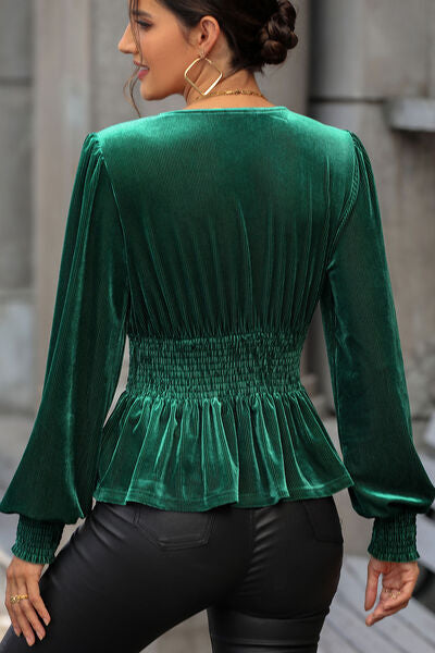 Andrea Fitted V-Neck Lantern Sleeve Peplum Blouse in Emerald Green Stretch Velvet | Poundton