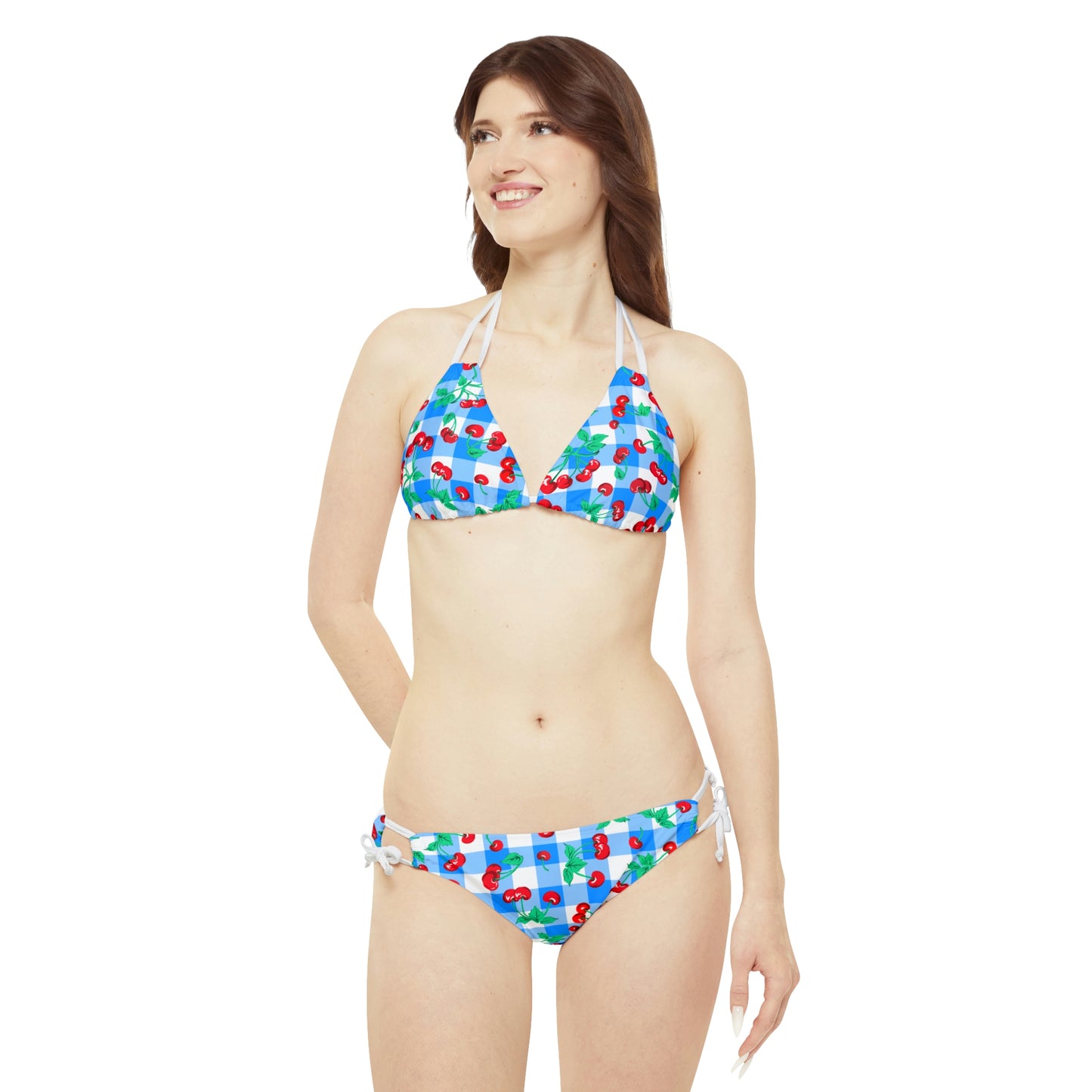 90s Vintage Inspired Blue Gingham Cherry Print Strappy Bikini Set