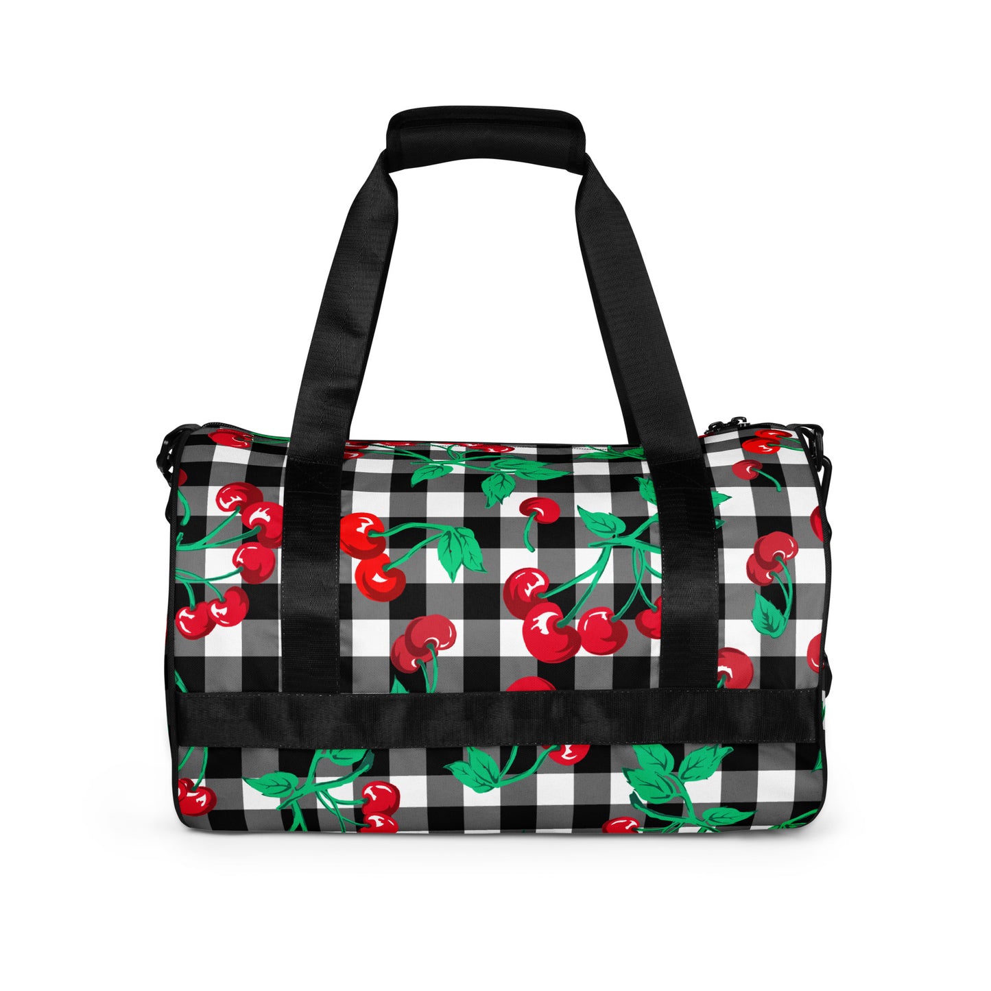 Black Gingham Cherry Girl Gym Duffle Workout Bag