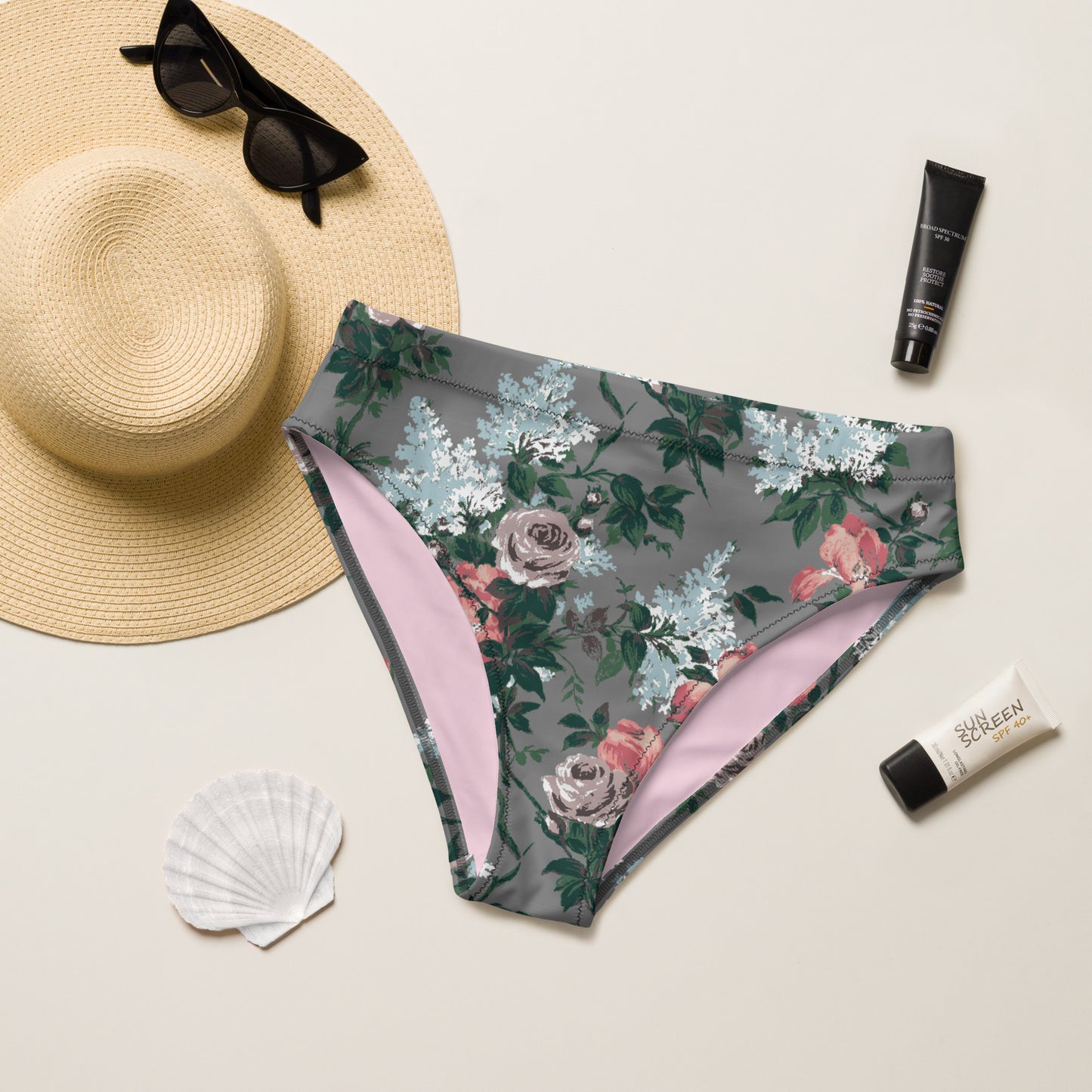 J'Adore Grey Bella Roses Recycled High-Waisted Bikini Bottom | Pinup Couture Relaxed