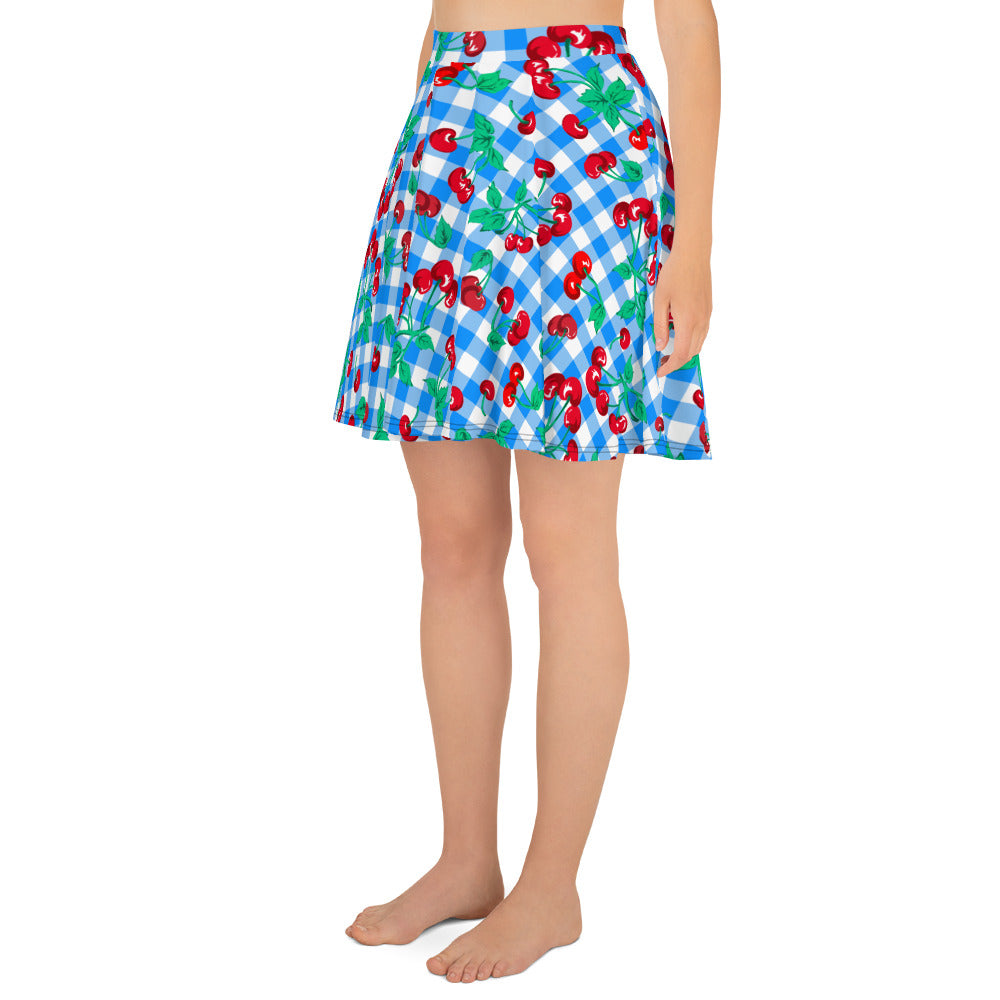 Frenchie Beach Coverup Swim Skater Skirt in Blue Gingham Cherry Girl | Pinup Couture Swim