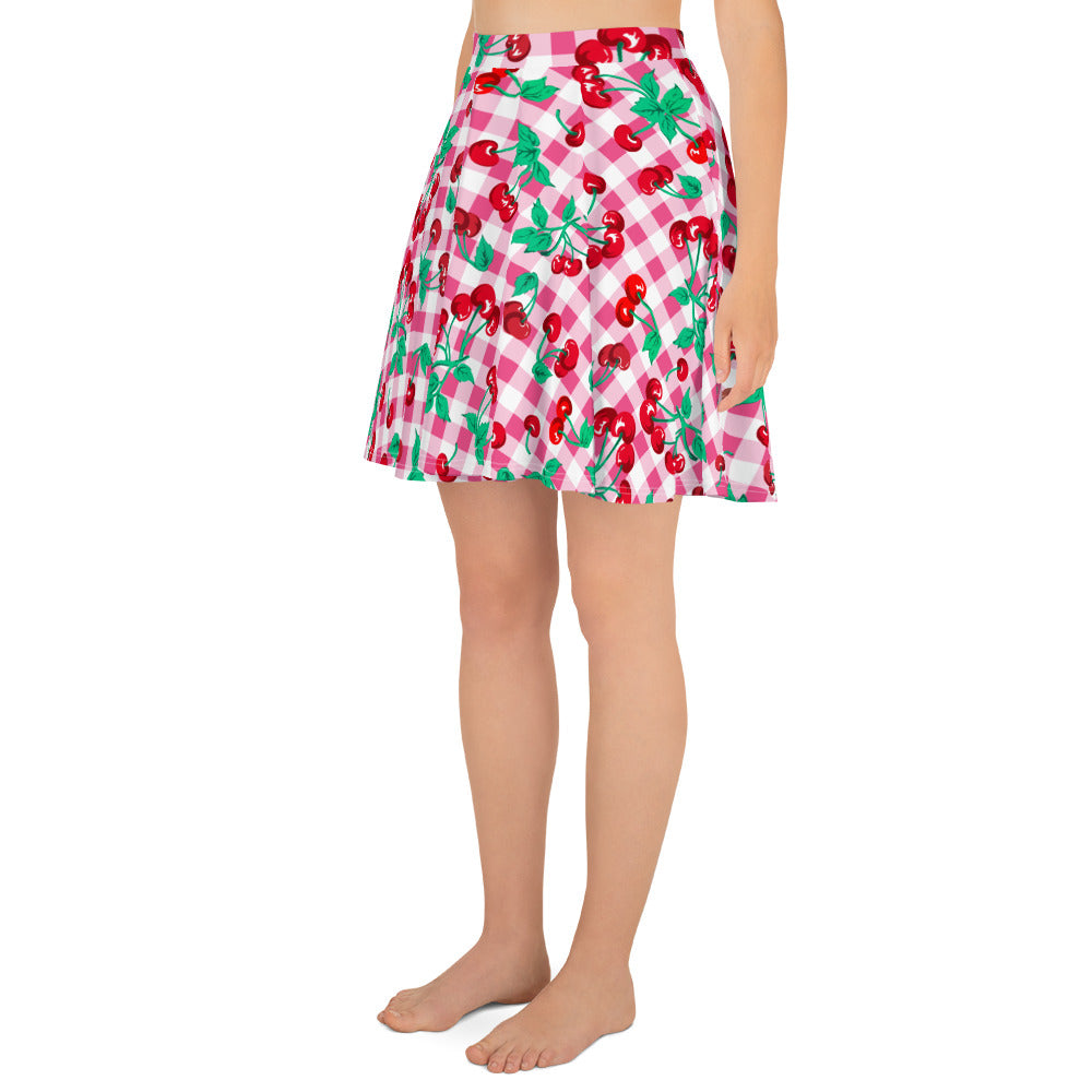 Frenchie Beach Coverup Swim Skater Skirt in Pink Gingham Cherry Girl | Pinup Couture Swim