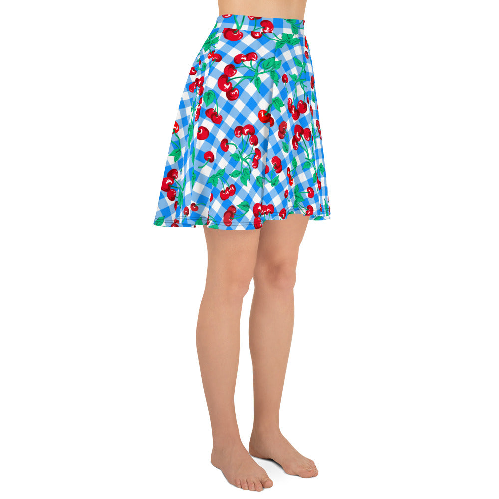 Frenchie Beach Coverup Swim Skater Skirt in Blue Gingham Cherry Girl | Pinup Couture Swim