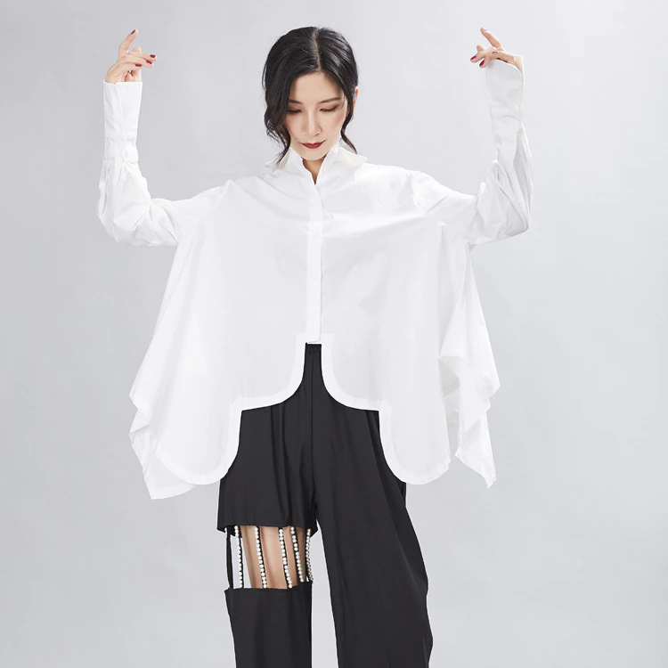 Sonoya Irregular Tulip Hem Oversized Shirt in White Cotton | Marigold Shadows