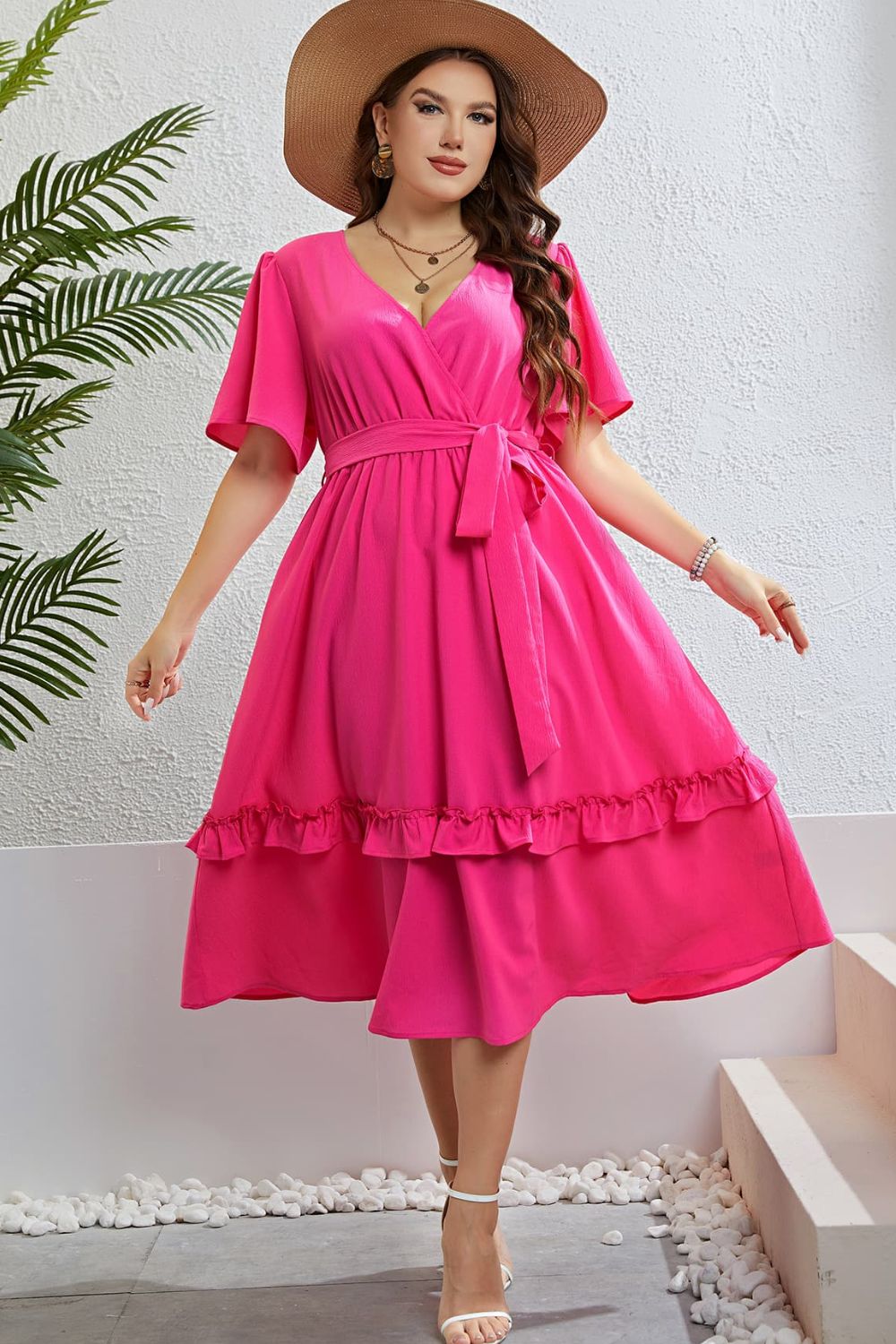 Belted Frill Trim Flutter Sleeve Dress Hot Pink / 1x Belted Frill Trim Flutter Sleeve Dress Hot Pink / 1x
