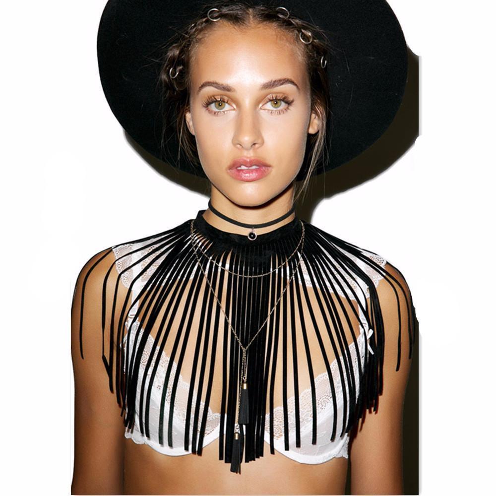 Cope Faux Leather Fringe Choker Collar Necklace | Marigold Shadows