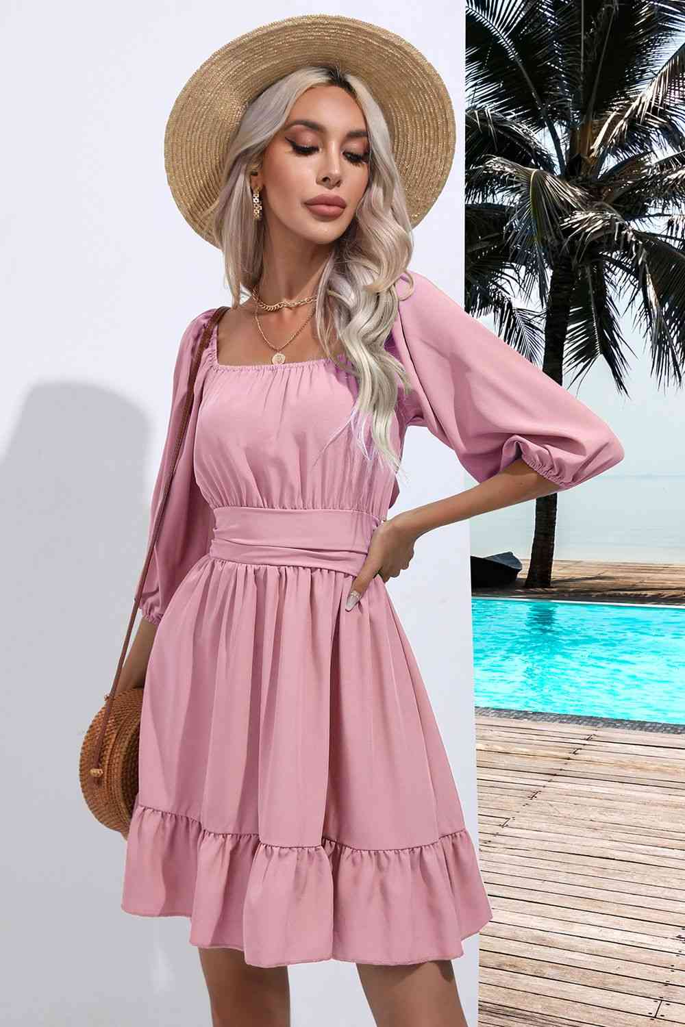 Sofia Square Neck Tie Back Ruffle Hem Mini Peasant Dress | 5 Colors Sofia Square Neck Tie Back Ruffle Hem Mini Peasant Dress | 5 Colors