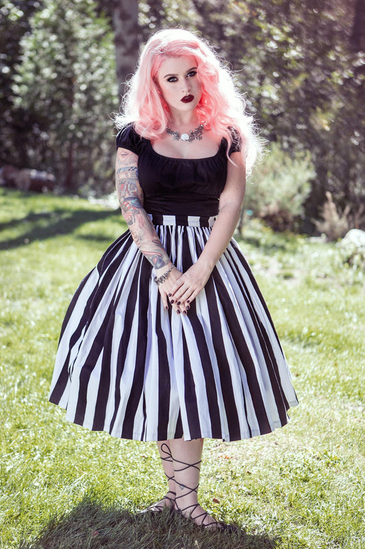 Pinup Couture Bella Skirt in Black and White Mark Stripe Printed Cotton Sateen