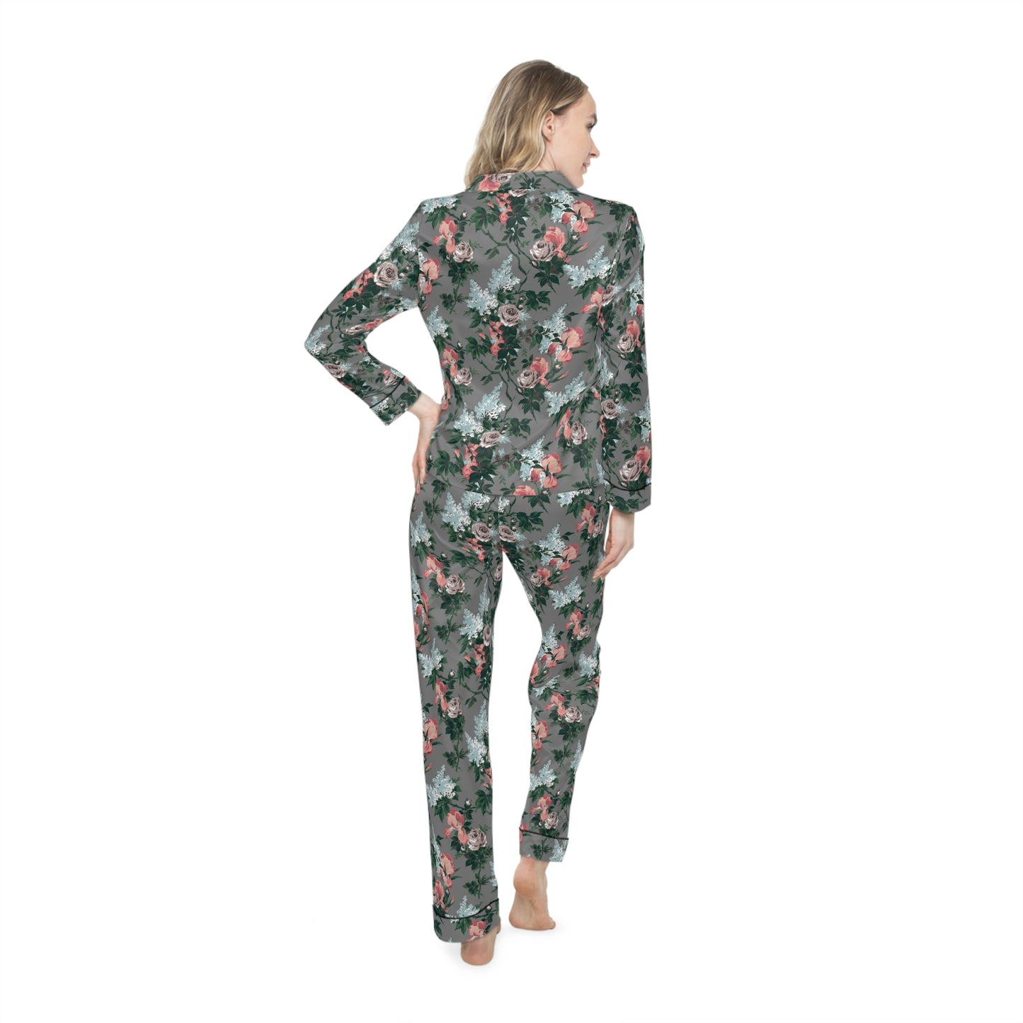 Pajama Game in J'adore Bella Roses Satin 2 Piece Button Up PJ Set | Pinup Couture Relaxed