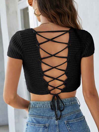 Miami Nights Lace-Up Openwork Crop Crochet Knit Sweater | 8 Colors | Poundton