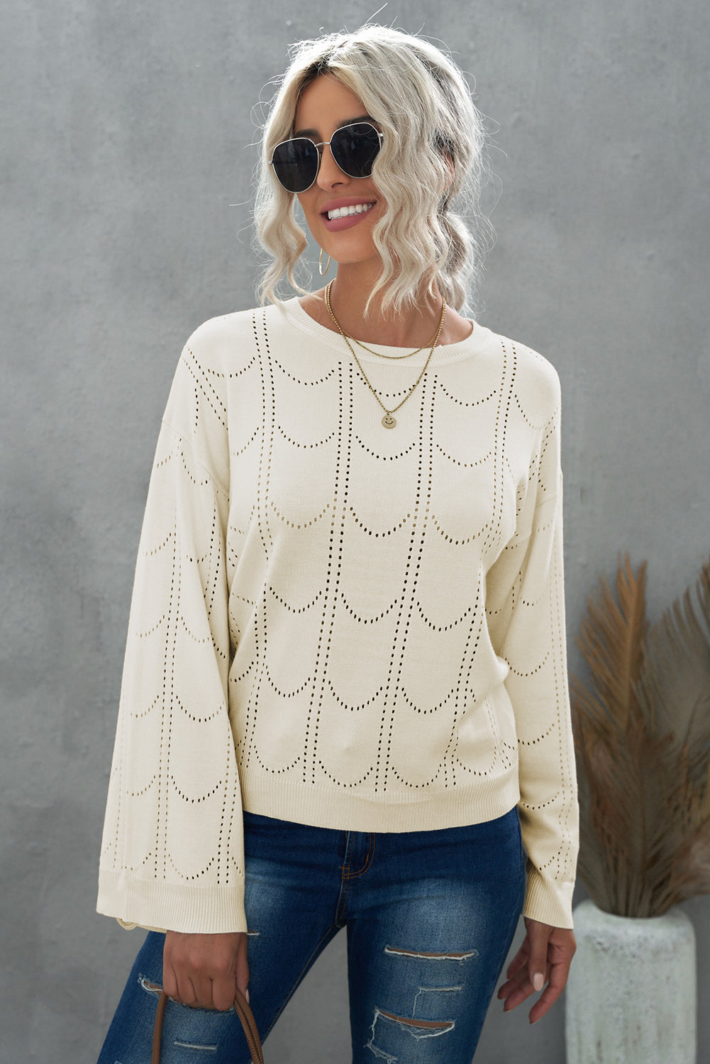 Lattice Work Pullover Sweater Top in Ivory and Caramel