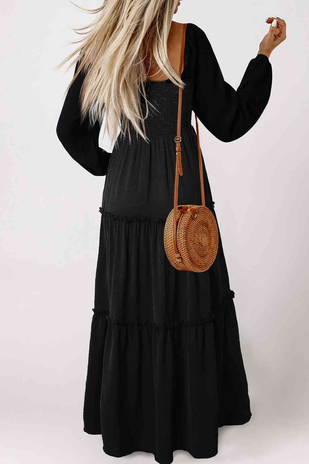 Gothic Glamour - Davinia Square Neck Long Sleeve Tiered Maxi Dress in Deep Black | Poundton