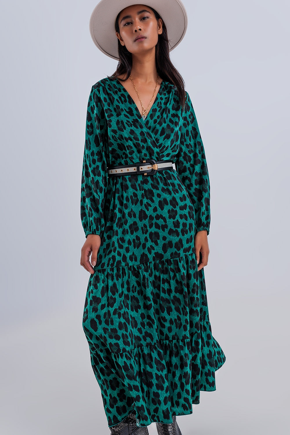 Gathered V-Neck Tiered Maxi Dress in Green Leopard Print | Q2 Small Gathered V-Neck Tiered Maxi Dress in Green Leopard Print | Q2 Small