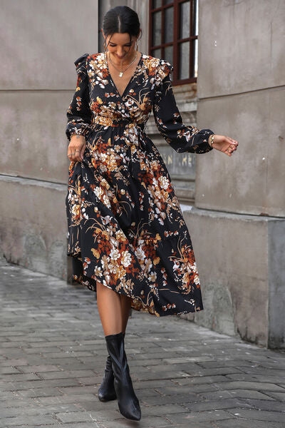 Valentina Front Ruffle Hem Midi 70s Floral Shirt Dress on Black Ground